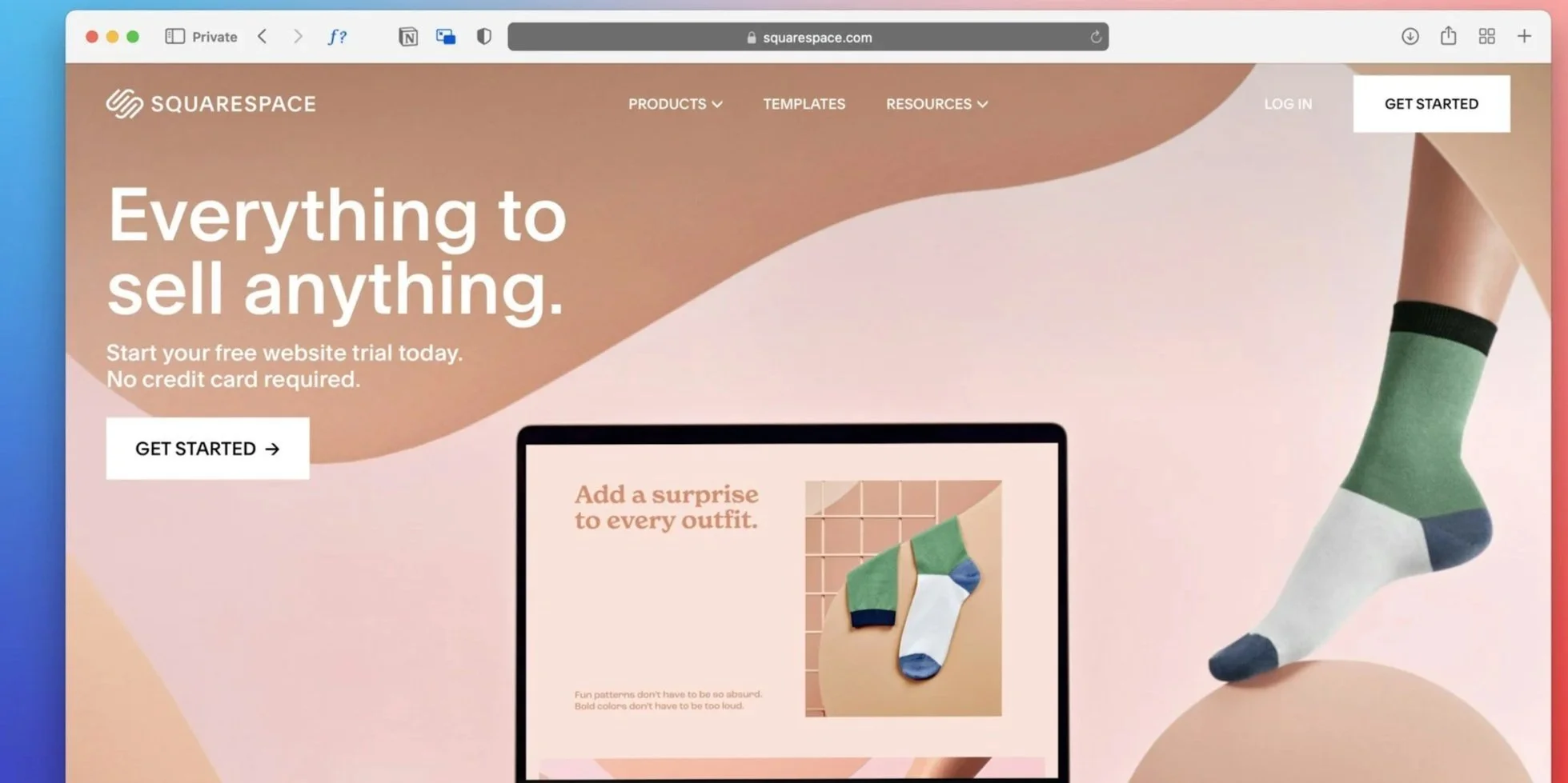 Screenshot of the Squarespace website homepage, displaying a promotional message about selling anything online, with a start trial offer, a large text heading, and an image of a person wearing color-blocked socks.