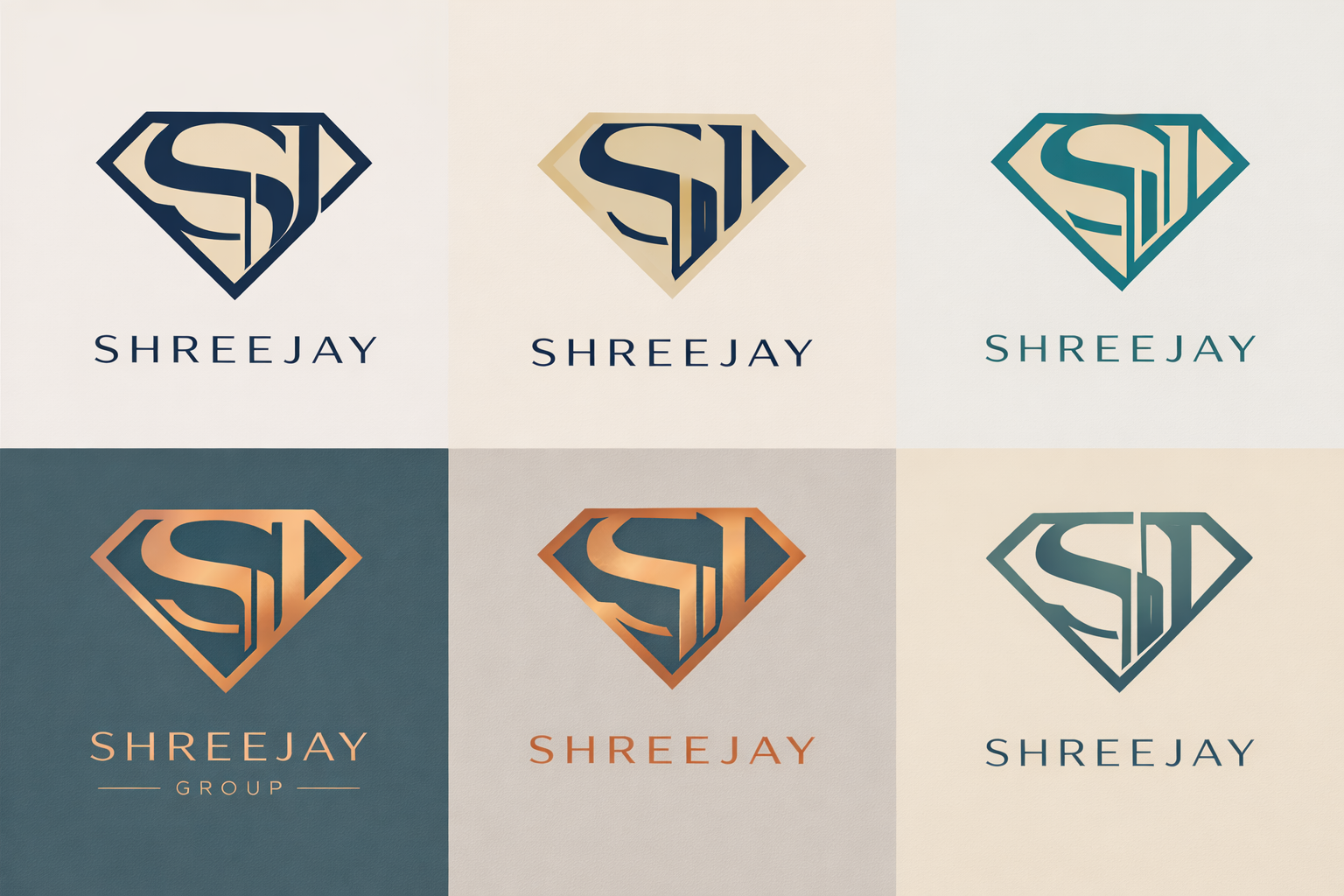 Multiple variations of a logo featuring the Superman 'S' symbol with the word 'SHREEJAY' below; some versions include the word 'GROUP.' The logos are in different colors and styles on various backgrounds.
