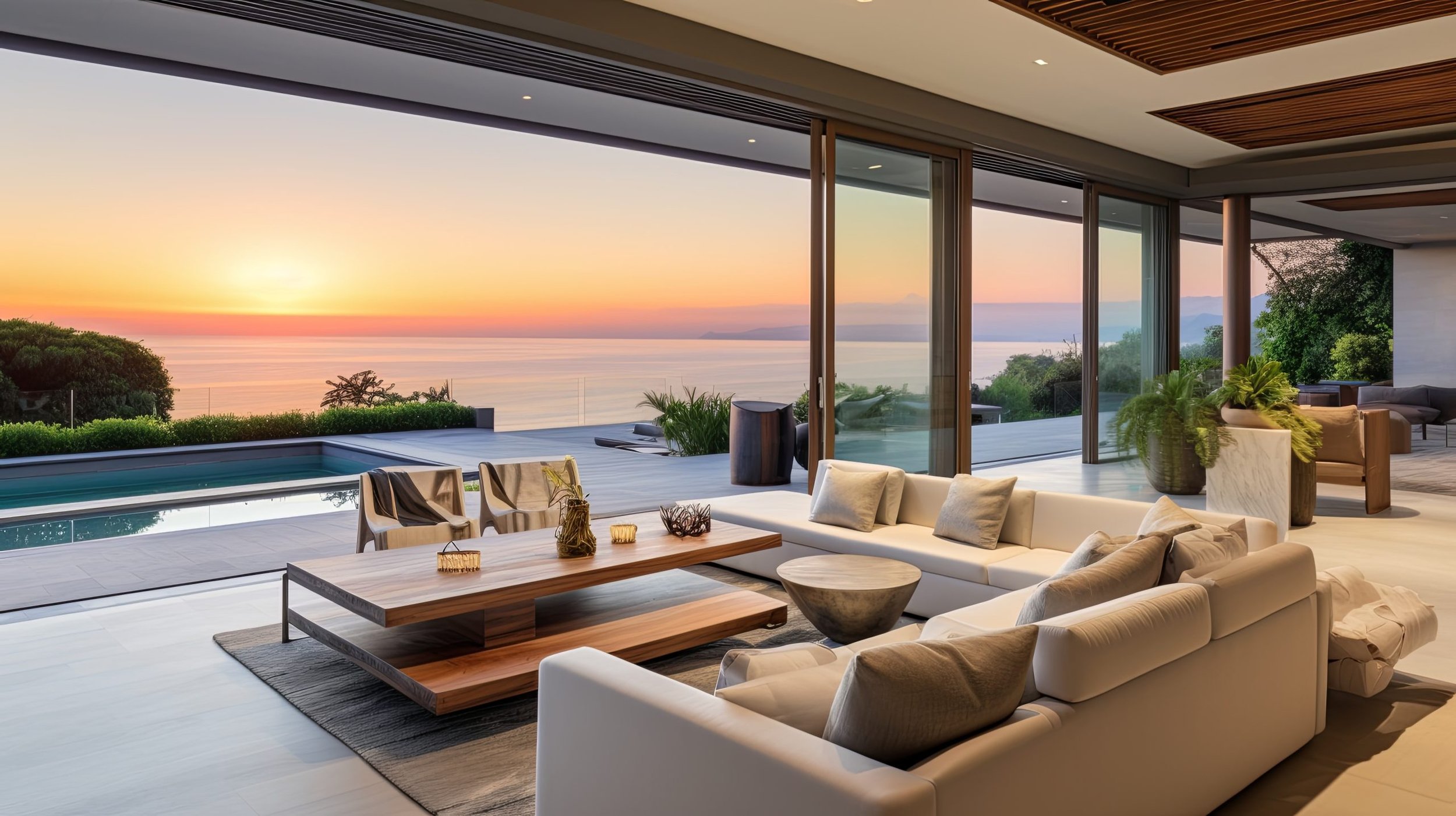 Modern living room with large glass walls overlooking a sunset over the ocean, featuring a white sofa, a wooden coffee table, potted plants, and outdoor patio area.