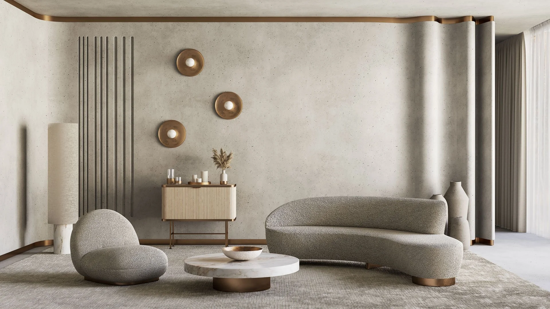 Modern living room with beige and neutral tones, curved sofa, round marble coffee table, textured armchair, decorative vases, wall-mounted light fixtures, and minimalist decor.