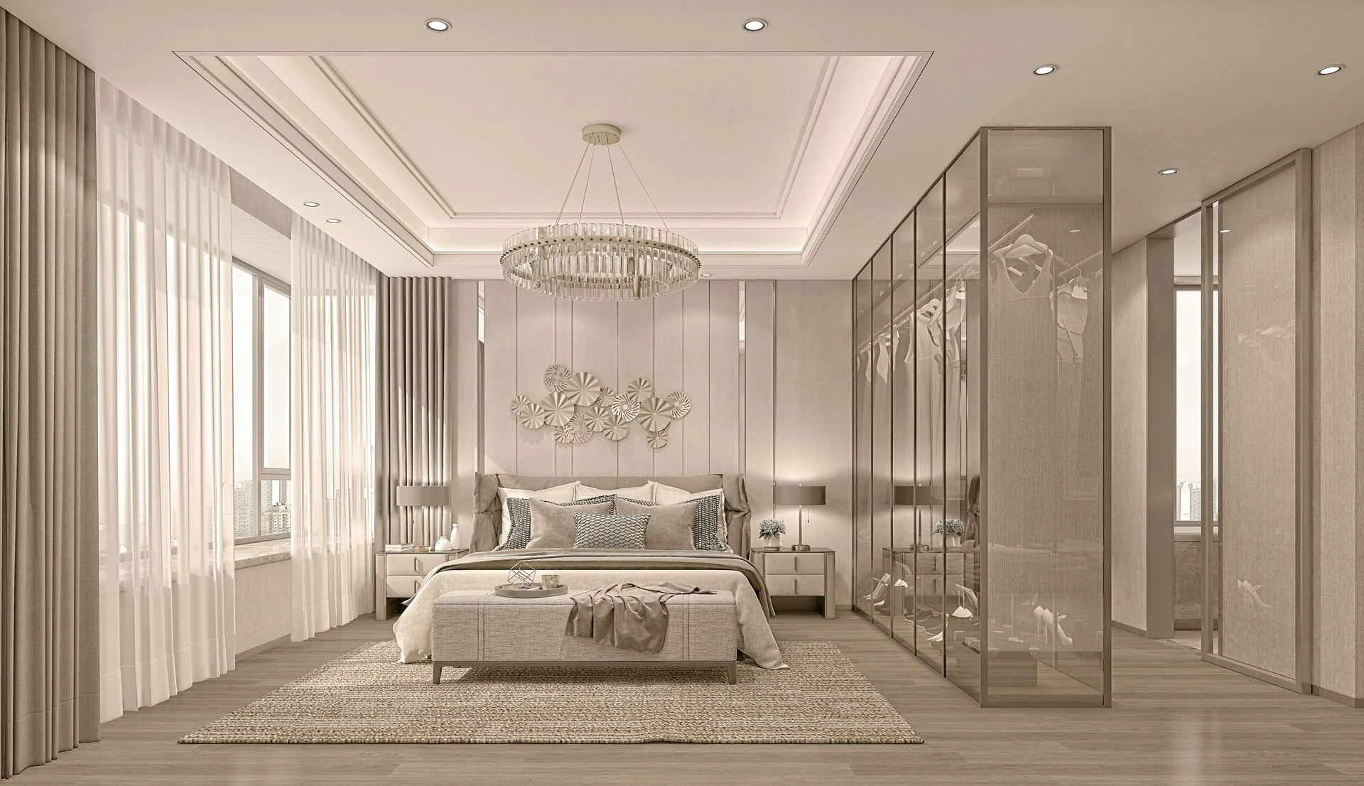 Modern bedroom with large windows, sheer curtains, a chandelier, a bed with decorative pillows, bedside tables with lamps, a textured rug, and a glass closet with visible clothing and shoes.