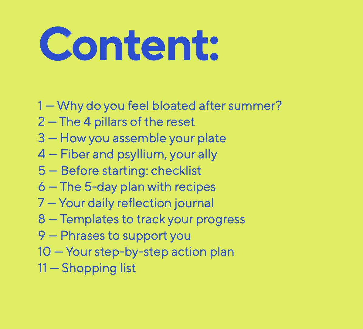 Contents of The 5-Day Post-Summer Reset including recipes, meal plan, reflection and progress tools