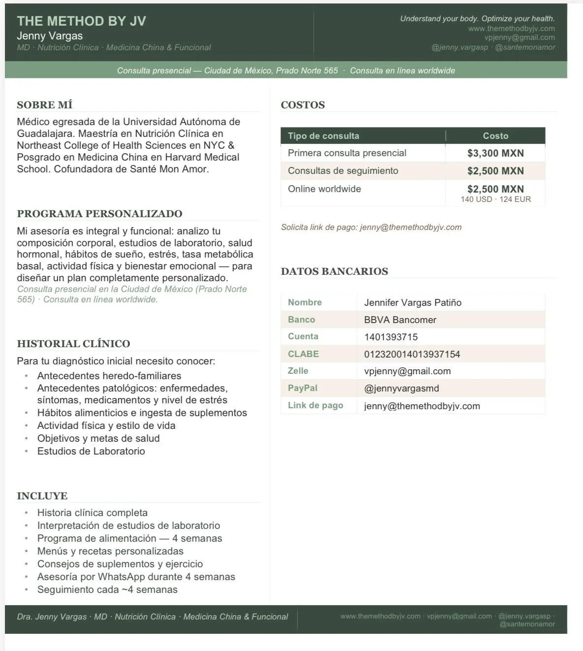 A detailed promotional flyer for personal health and nutrition consultation services by Jenny Vargas, MD. It includes her qualifications, personalized program details, consultation options with prices, bank details for payment, and contact information. The flyer is mostly in Spanish with some English, featuring a green and white color scheme.