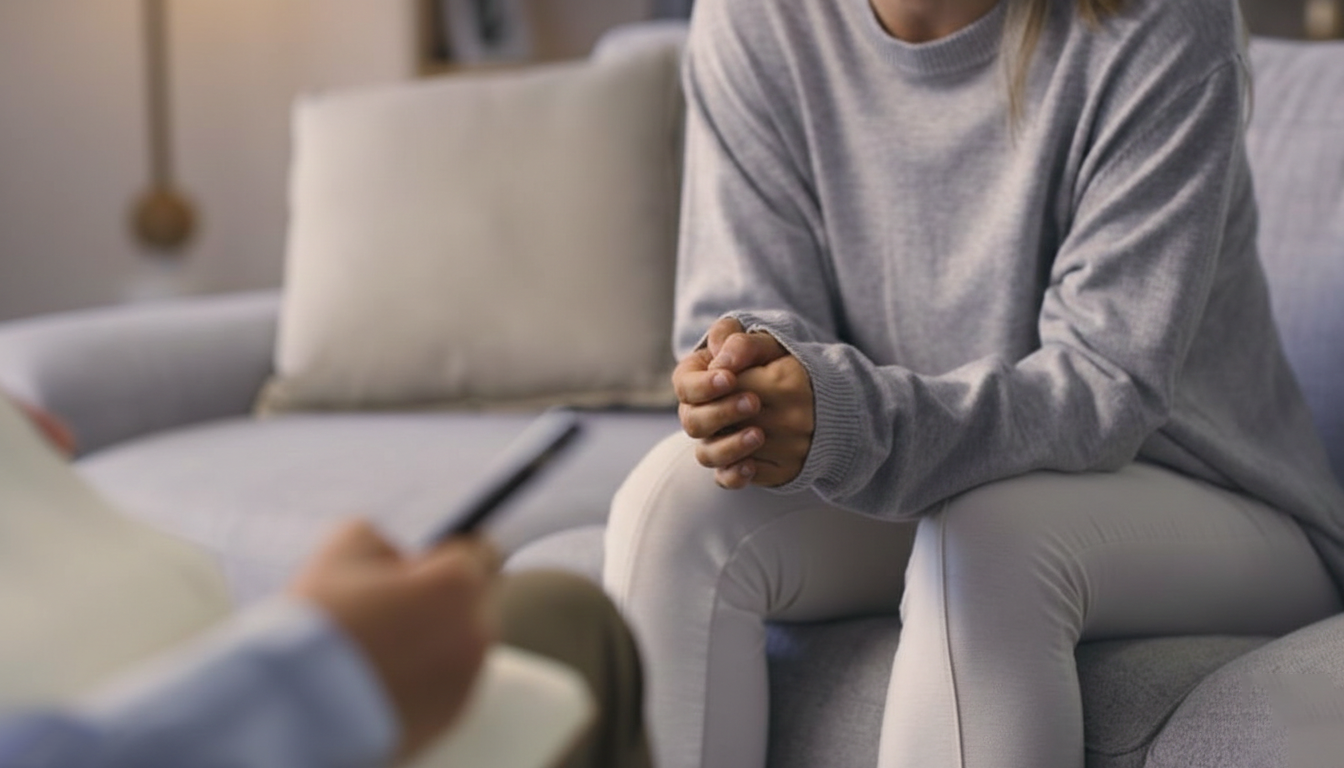 A person wearing a gray sweatshirt and white pants sitting on a sofa in a living room, appearing to be in a conversation with someone holding a phone.