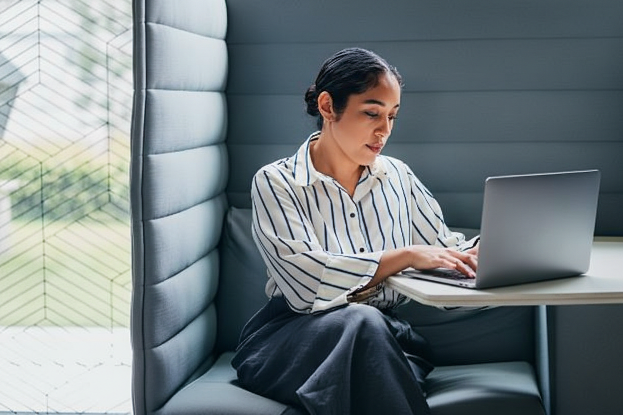 A woman sitting in a modern booth, working on a laptop at a small table by a window.
