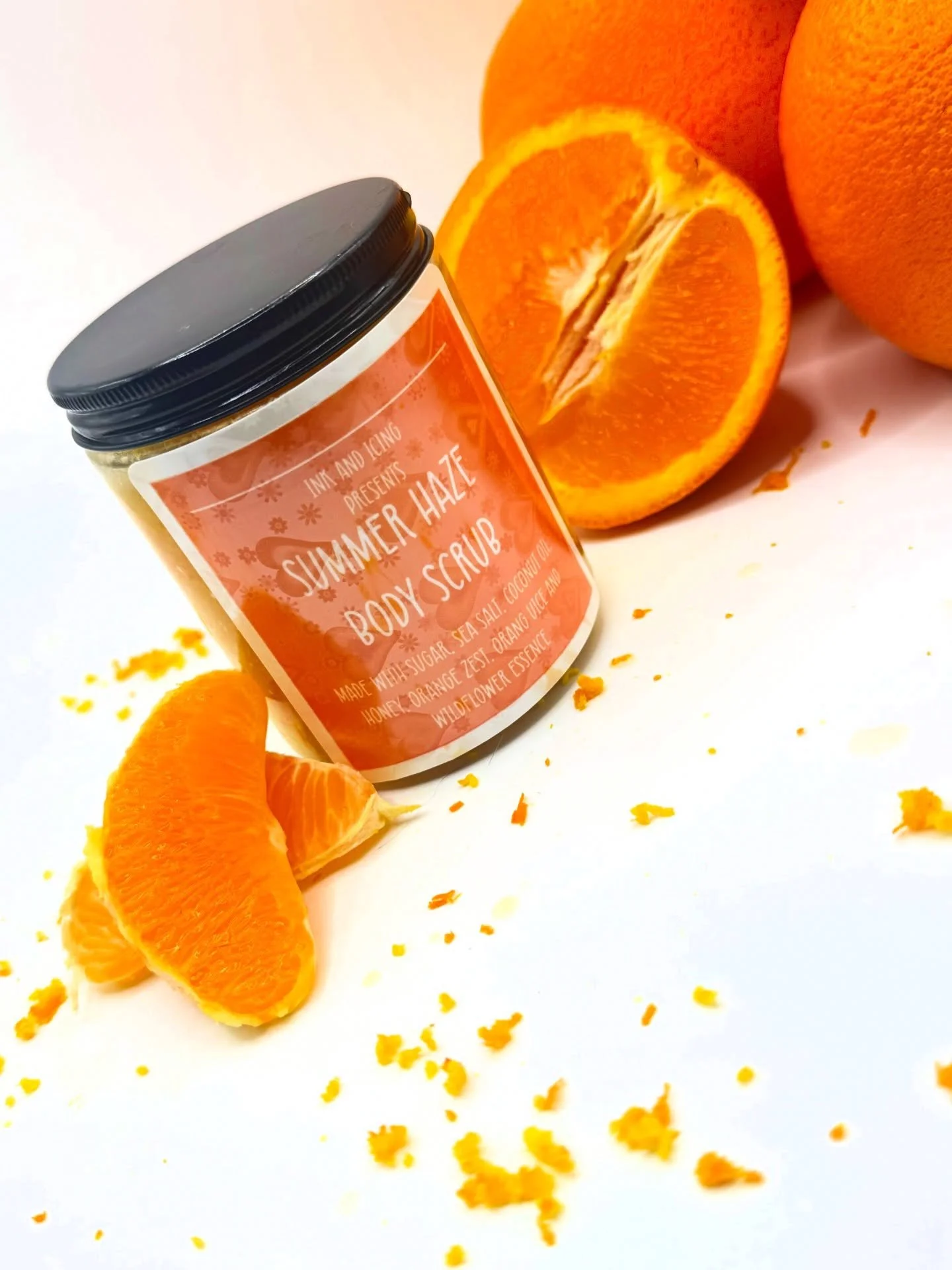We did a thing!!! And we would love to introduce our new all organic and fresh ingredient exfoliating body scrub.

The Summer Haze body scrub embodies what we think summer time smells and feels like. 
This scrub is composed of,
Sugar 
Sea Salt
Organi