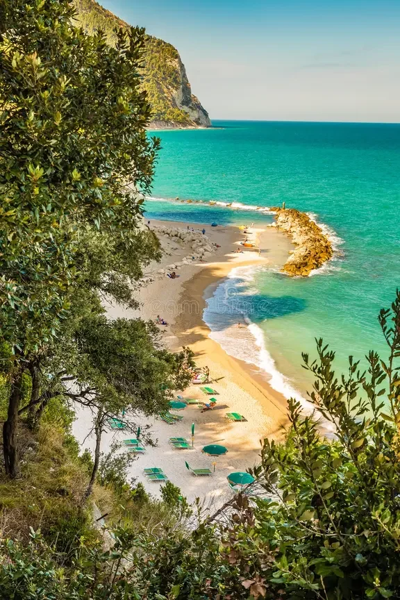 A view of a sandy beach with green umbrellas and lounge chairs, surrounded by trees, with a turquoise sea and a rocky jetty extending into the water, and cliffs in the background.