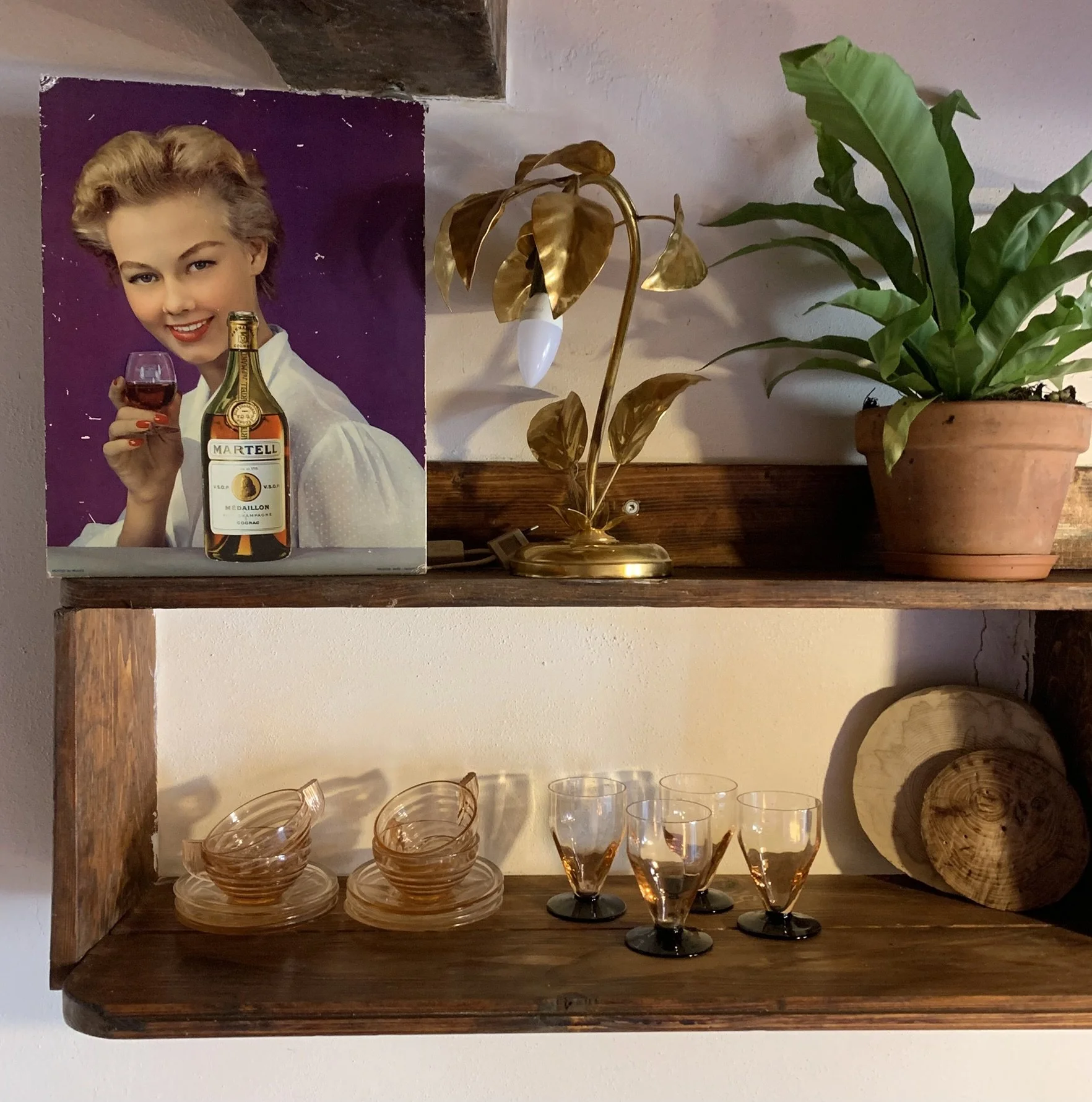 Decorative shelf with vintage glassware, a wooden carved plate, a potted green leafy plant, and a poster of a woman holding a glass of wine, set against a white wall.