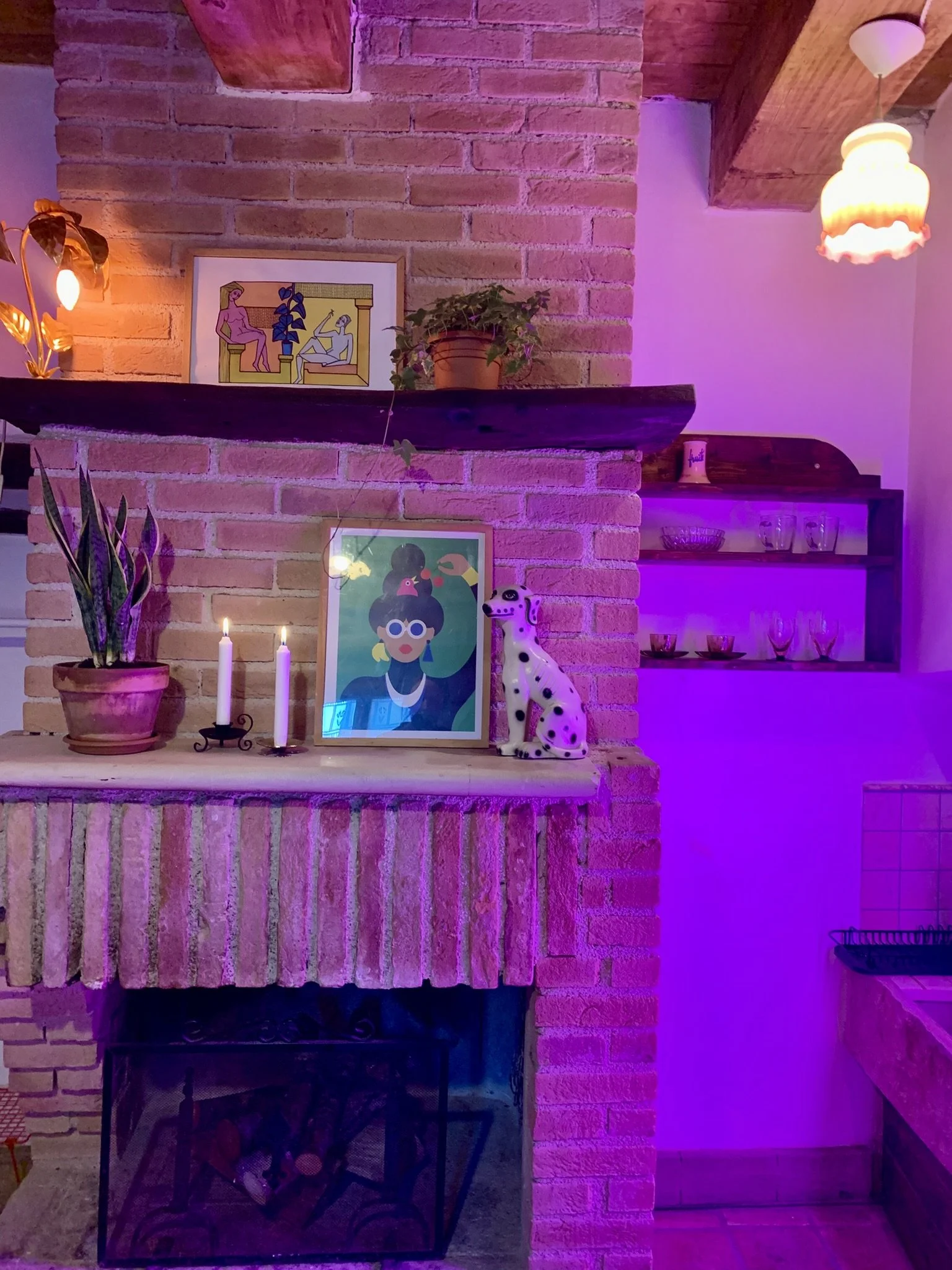 Indoor scene with a brick fireplace, colorful wall art, potted plant, candles, a dog figurine, and ambient purple lighting.