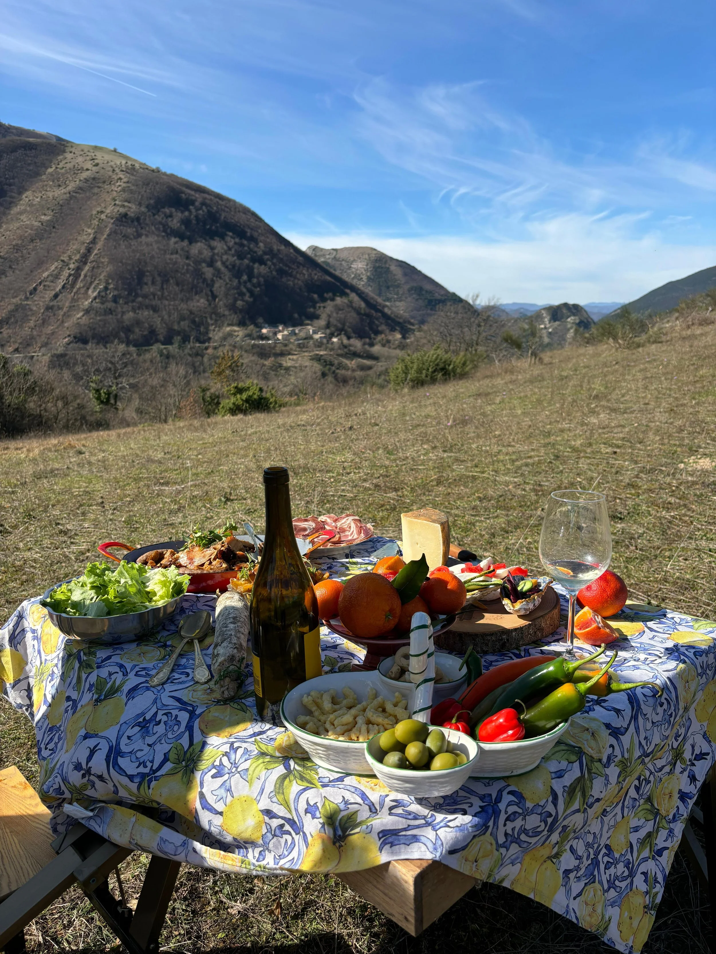 An outdoor picnic setup with a table covered in a lemon-patterned tablecloth, laid out with various foods including fresh fruits, vegetables, cheese, bread, wine, and cold cuts, set against a scenic mountain landscape with a clear blue sky.