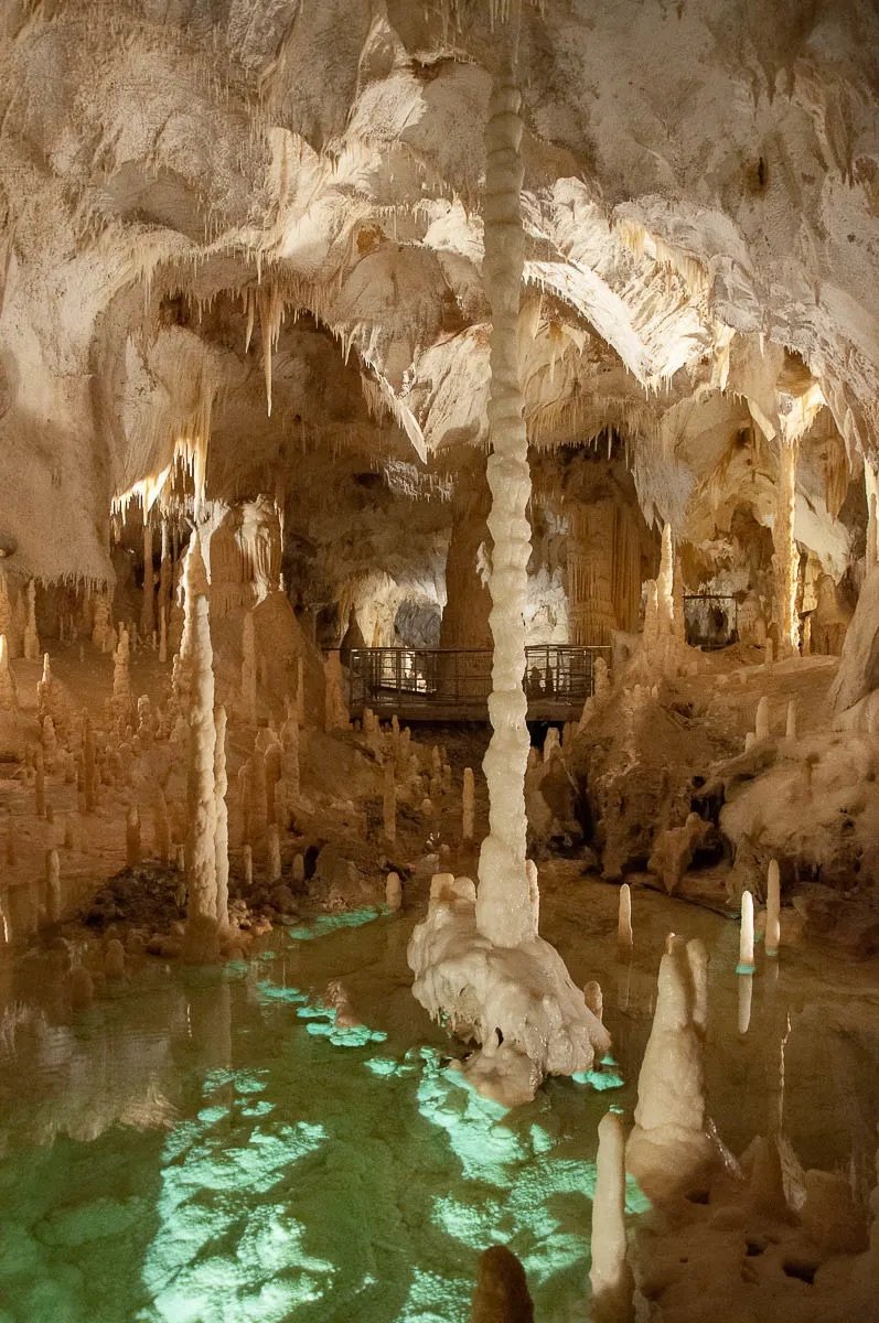 Inside a large limestone cave featuring stalactites hanging from the ceiling and stalagmites rising from the floor. There is a small pool of water reflecting greenish light, indicating possible underground illumination. A viewing platform is visible 