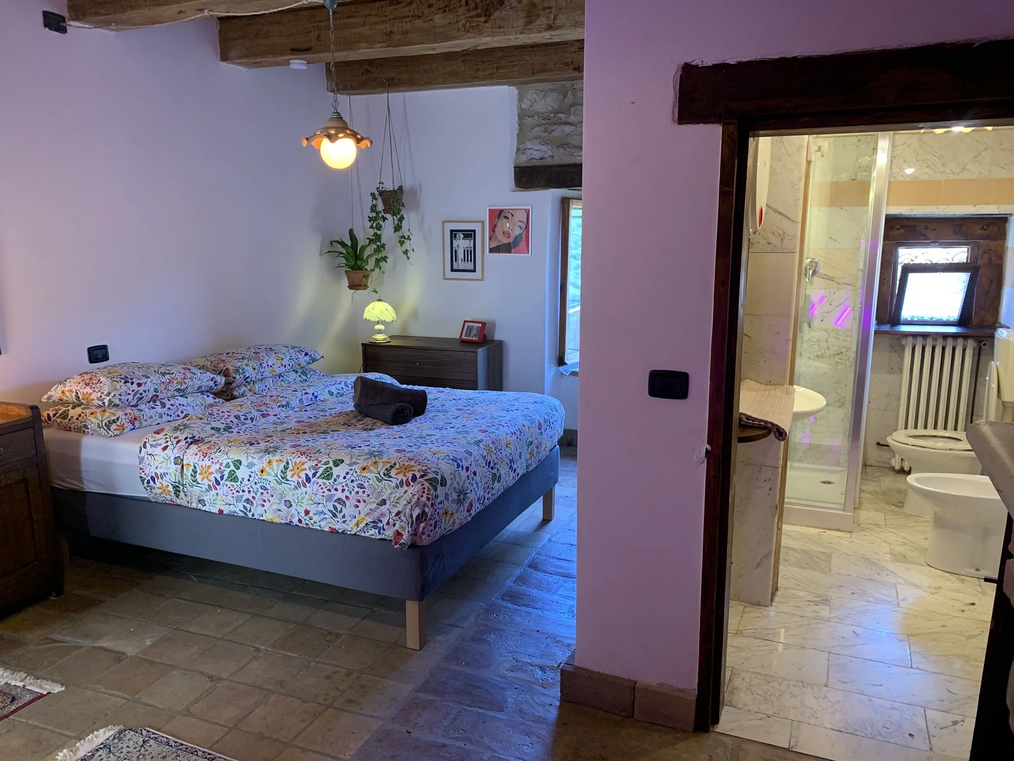 A bedroom with a bed having floral patterned bedding, a wooden nightstand with a lamp, framed artwork on the wall, hanging plants, and a view of a bathroom with a shower, toilet, and window.