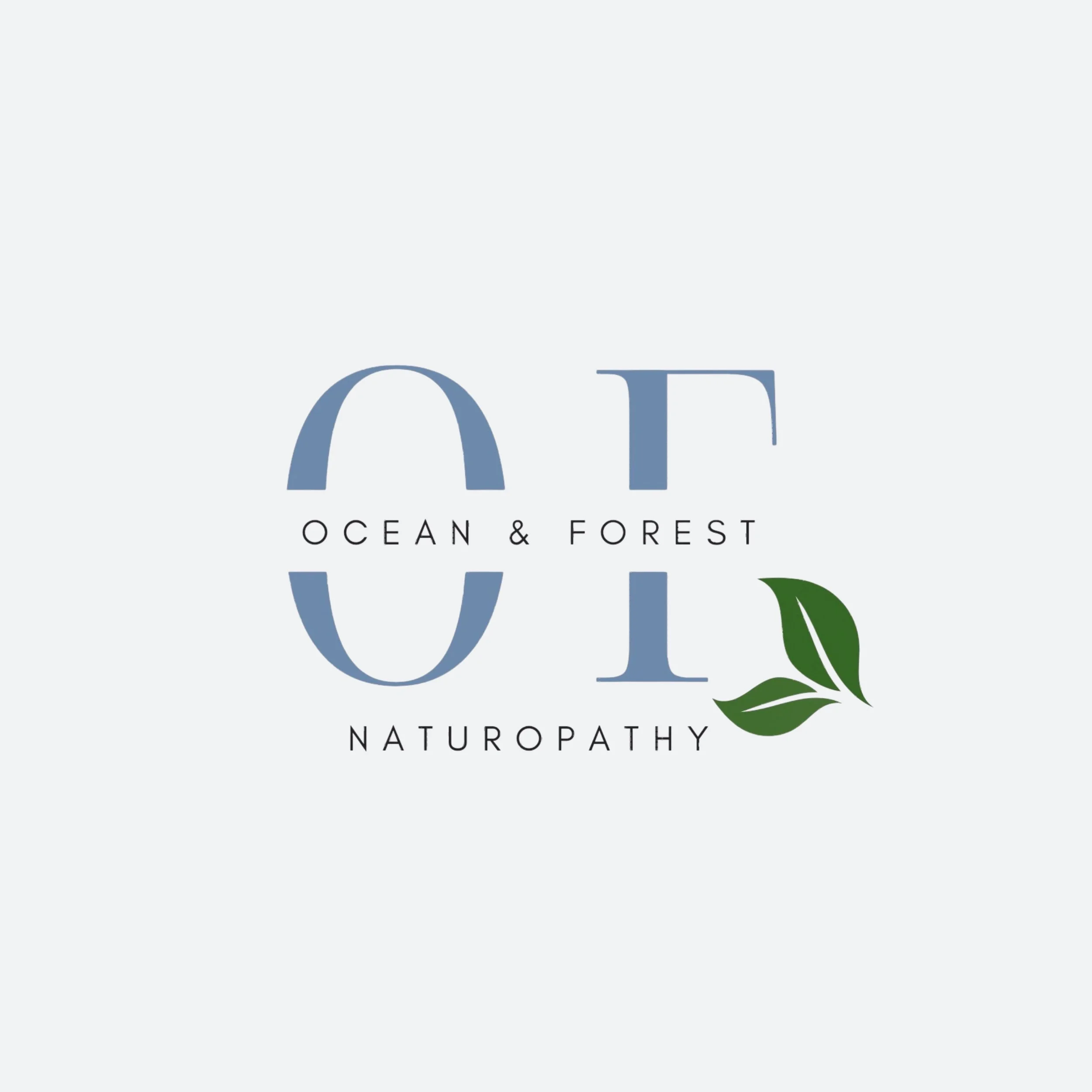 Logo with the words 'Ocean & Forest Naturopathy' in blue and black text, featuring a green leaf graphic.