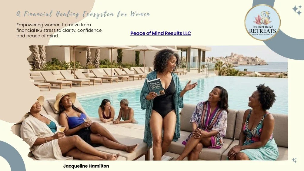 Group of women at a poolside gathering, some sitting on lounge chairs and others sitting on a sofa, with a woman standing and holding a book, at a retreat center with a pool and ocean view in the background.
