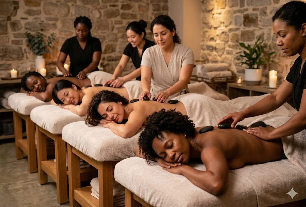 Six women receive hot stone massage at a spa, lying face down on massage beds with their eyes closed, in a rustic room with candles and plants.