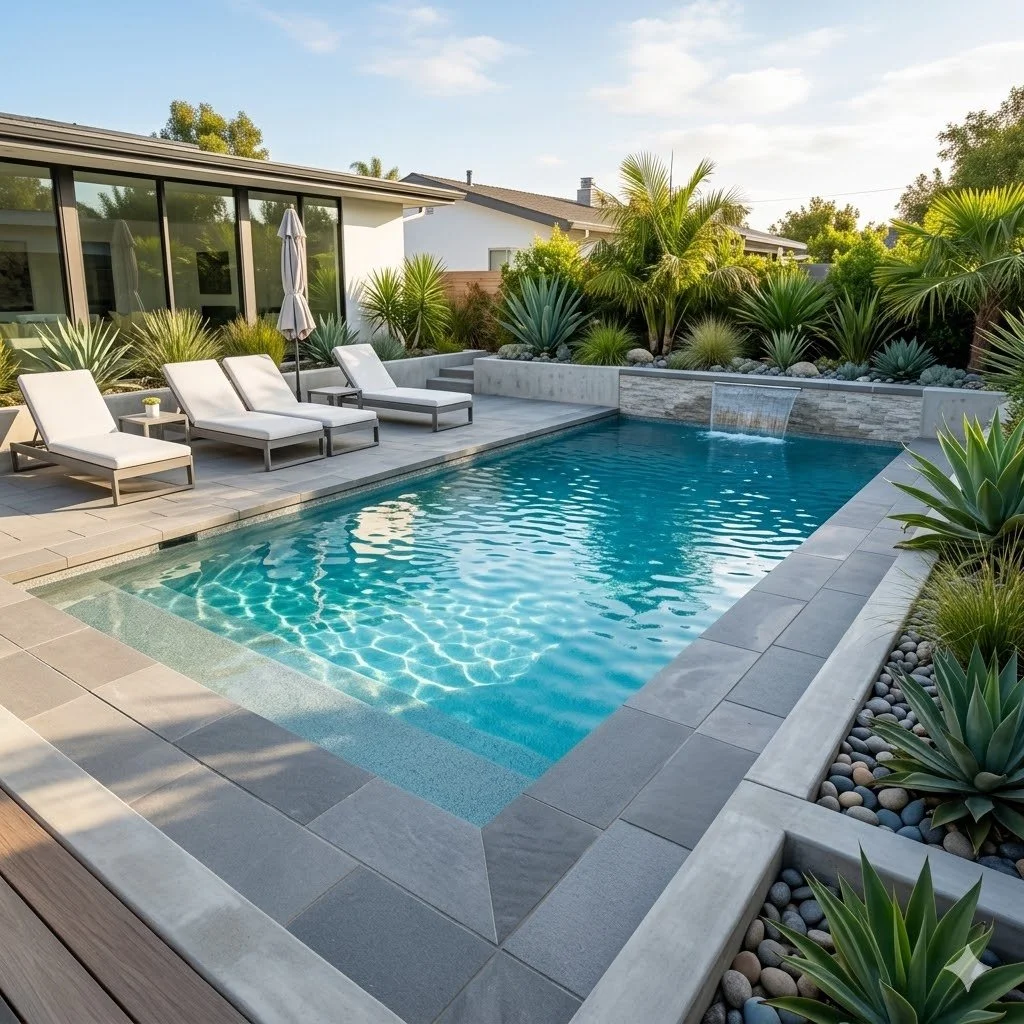 A modern backyard with a swimming pool, surrounded by lounge chairs, a patio umbrella, and lush green plants, including palm trees and succulents.