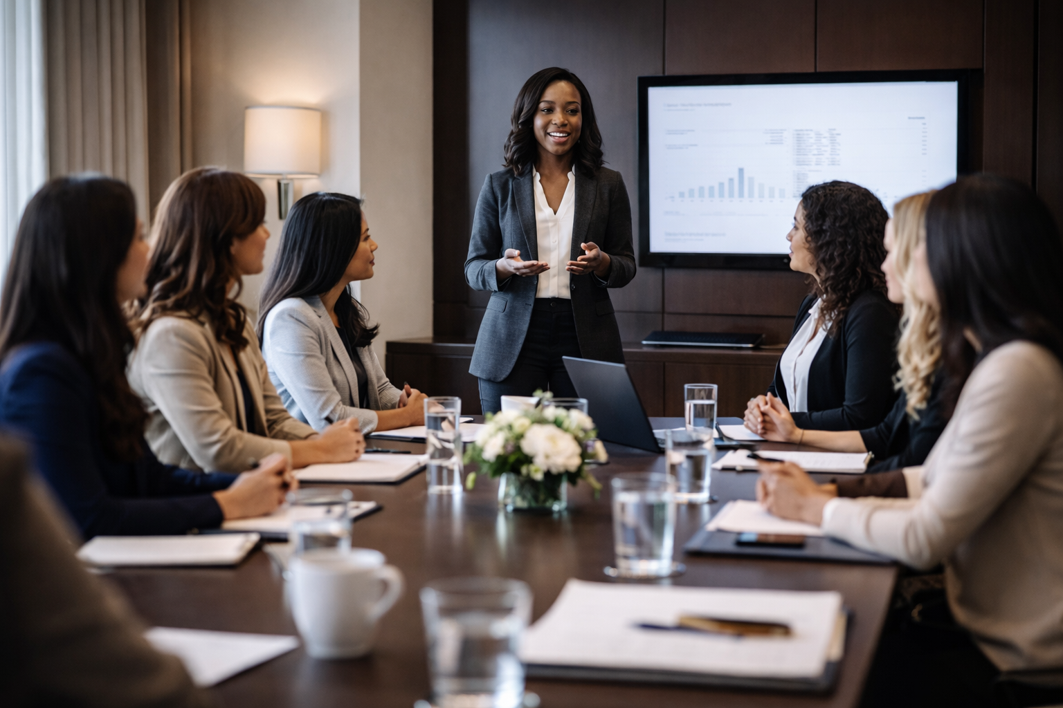 A woman in a gray blazer giving a presentation during a business meeting in a conference room with six attendees and a large screen displaying a chart.