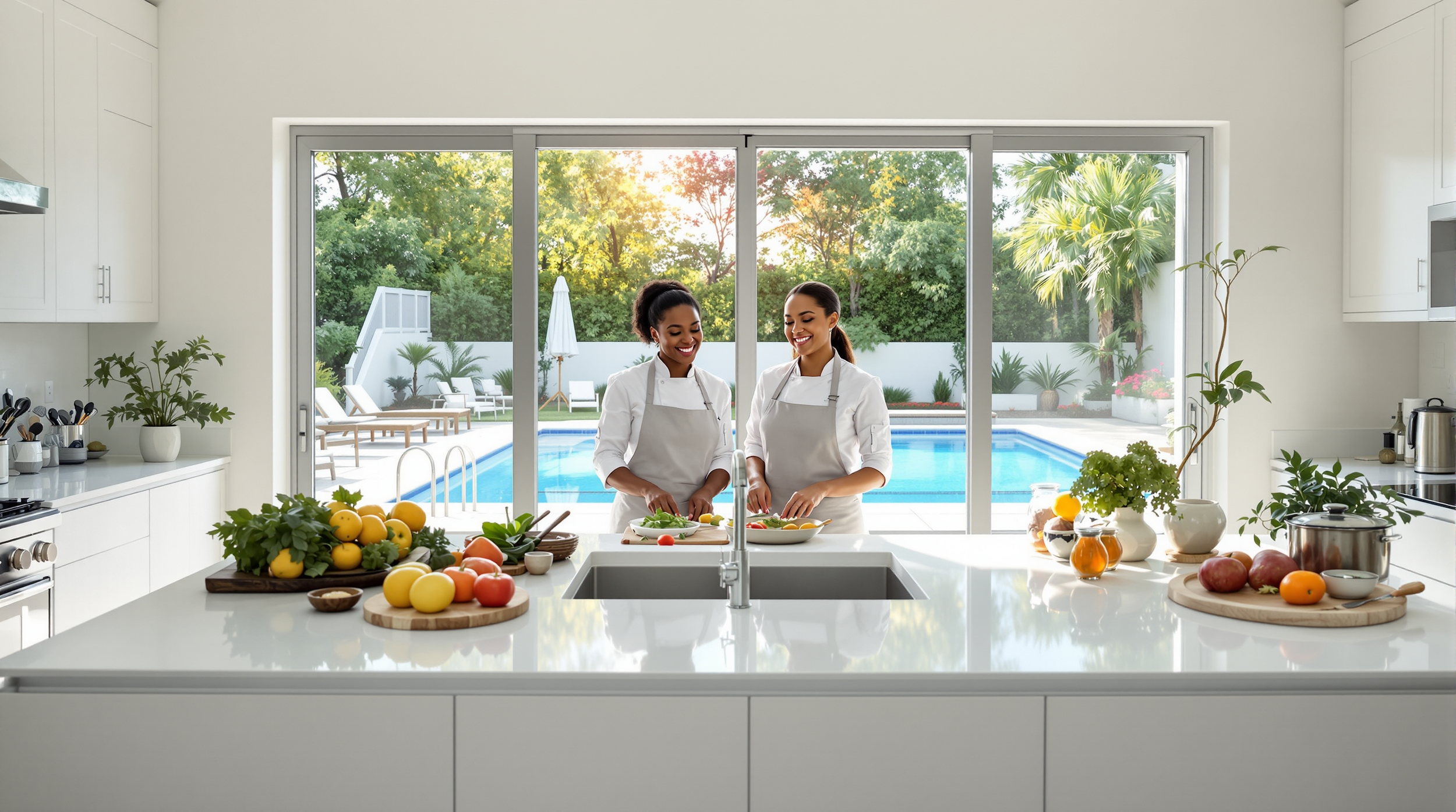 Two women cooking in a bright modern kitchen with large windows overlooking a backyard swimming pool and lush greenery.
