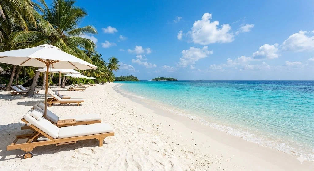 Beach with white sand, green palm trees, blue sky with clouds, and turquoise water, lined with white umbrellas and lounge chairs.