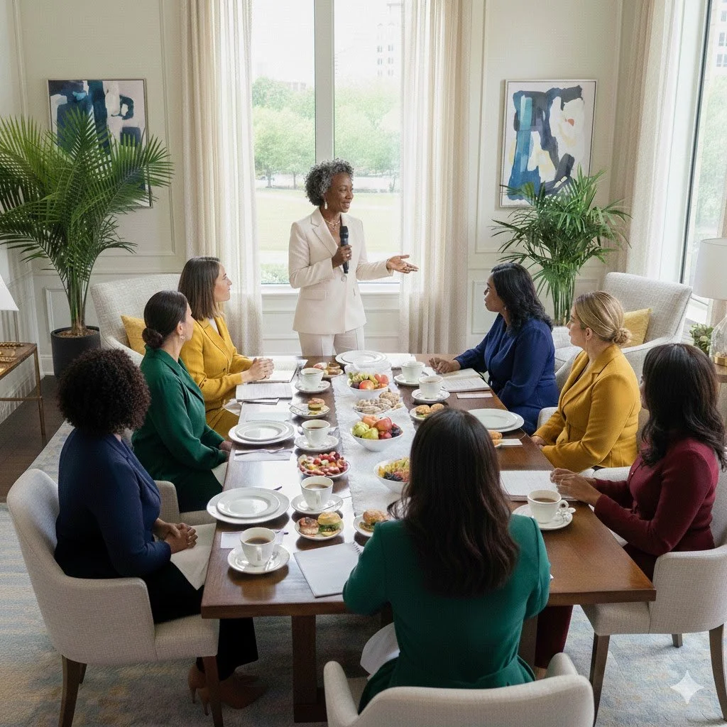 A woman in a white suit standing and speaking into a microphone during a breakfast meeting with seven other women seated around a table in a bright, elegant room with large windows and abstract artwork on the walls.