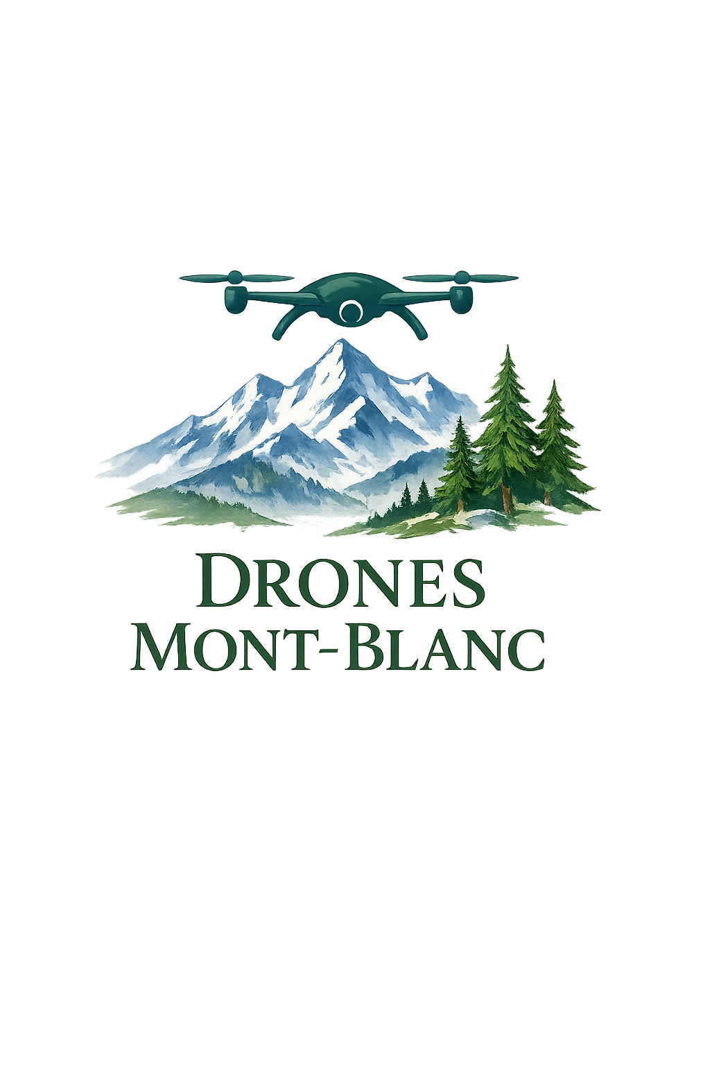 Logo représentant un drone volant devant une montagne enneigée et des arbres, avec le texte 'Drones Mont-Blanc' en dessous.