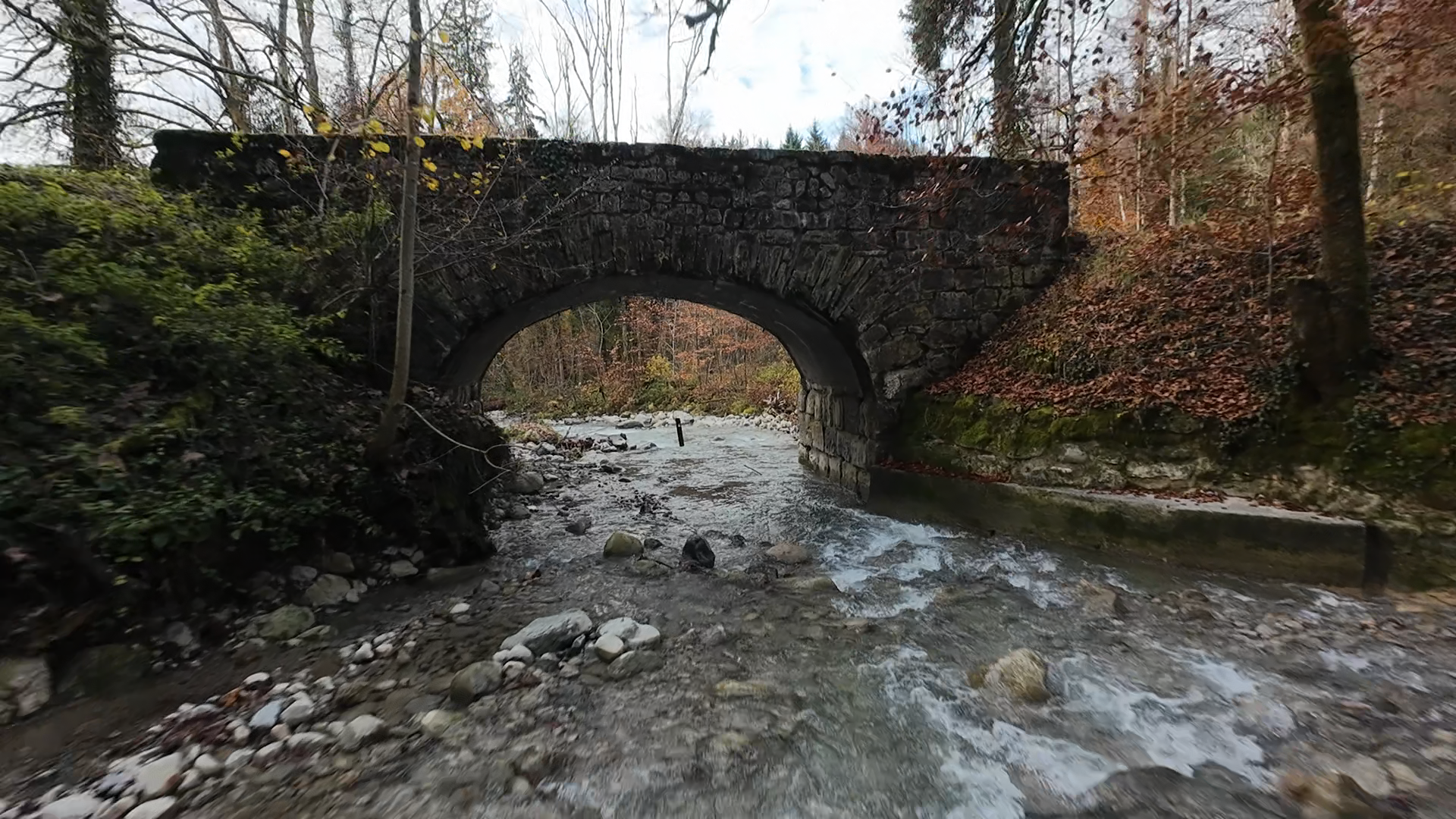 Pont en pierre au-dessus d'une rivière dans une forêt automnale, avec des feuilles tombées et des arbres aux couleurs chaudes.