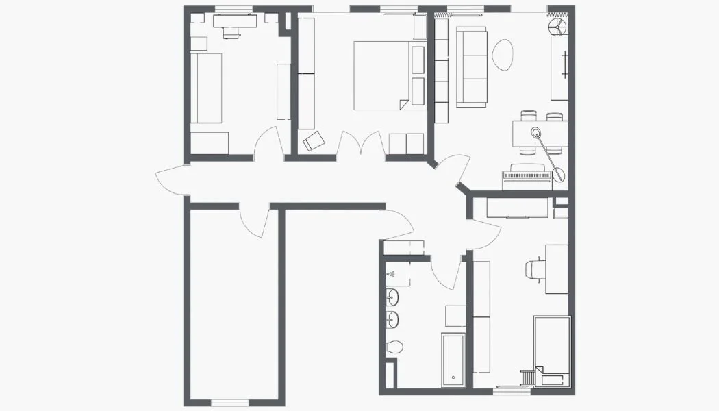 Ausgangssituation: das geteilte Kinderzimmer sollte aufgelöst werden und in diesem Rahmen die gesamte Raumaufteilung der unruhig wirkendenen Altbauwohnung überdacht werden
Wunsch: eine einladende und entspannte Atmosphäre mit zwei komplett neu gestal
