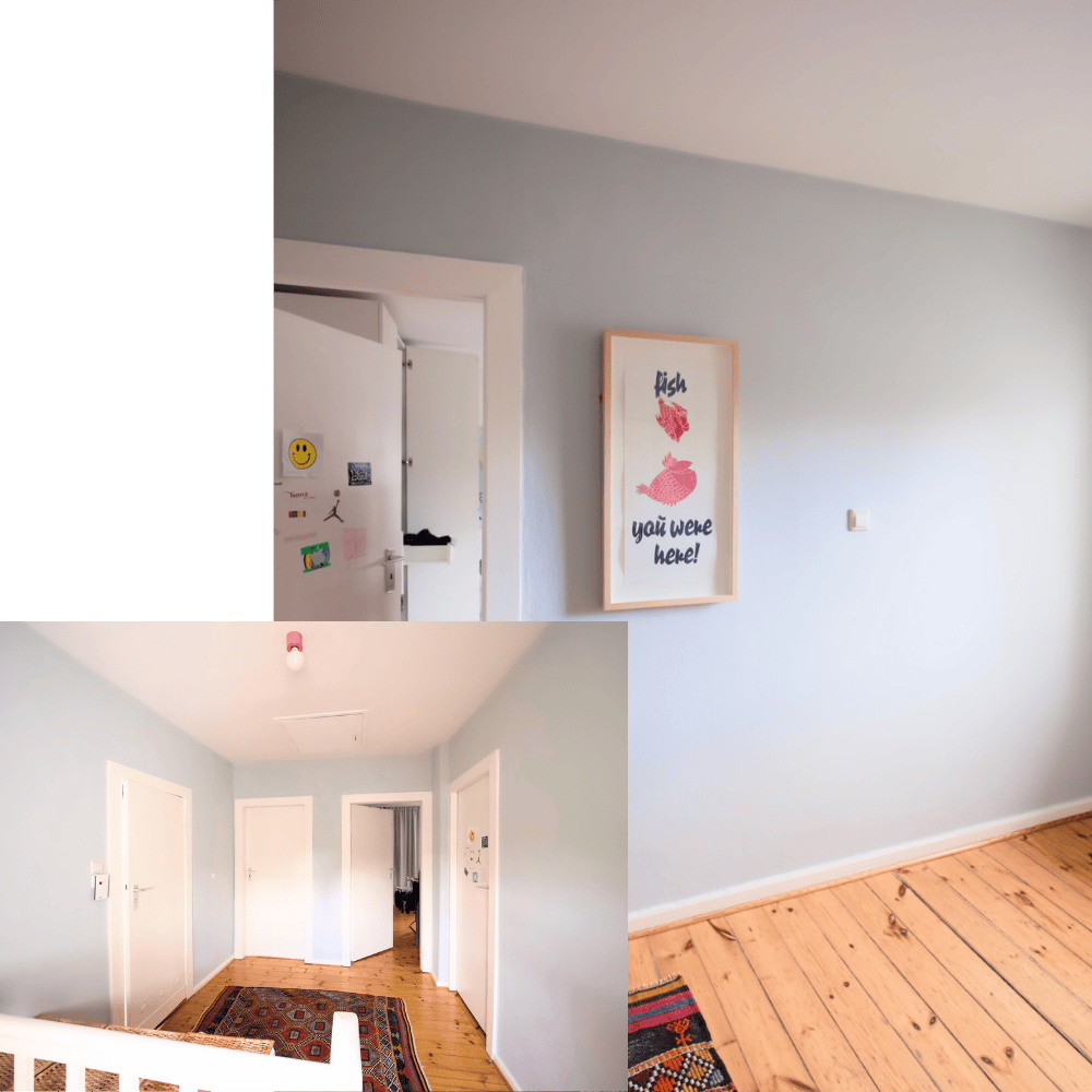 Ausgangssituation: ein ungemütlicher Flur im Obergeschoss mit weißen Wänden und defekter Deckenbeleuchtung 
Umsetzung: leichtes Farb- und Möblierungskonzept mit antikem Kelim, moderner Deckenleuchte und maßgefertigtem Raffrollo