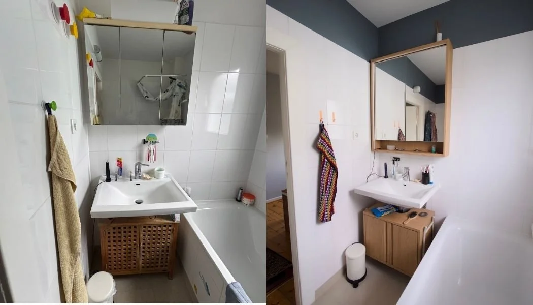 Ausgangssituation: ein lange nicht mehr schönes Bad
Wunsch: eine kleine budgetfreundliche Frischzellenkur
Umsetzung: mit dunkler Wandfarbe, neuen Badmöbeln und zeitlosen Accessoires macht der Raum jetzt nicht nur morgens gute Laune