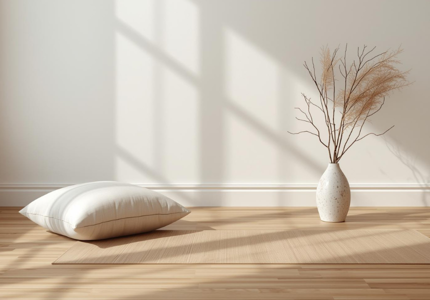 Ein weißes Kissen, eine Teppichmatte und eine Vase mit trockenen Zweigen stehen in einem hellen Raum mit Licht und Schatten auf der Wand.