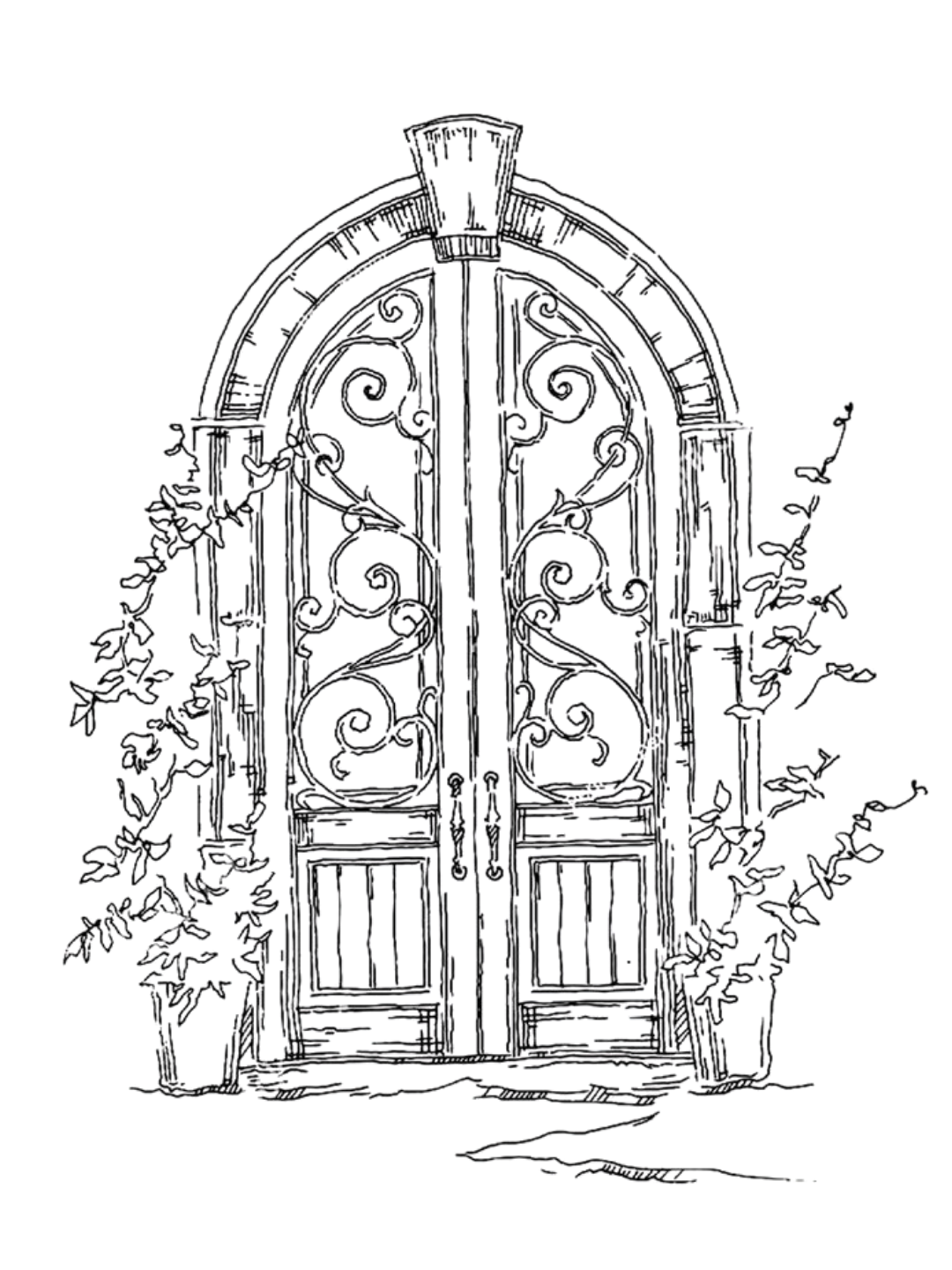 Line drawing of an ornate iron gate with surrounding plant foliage.