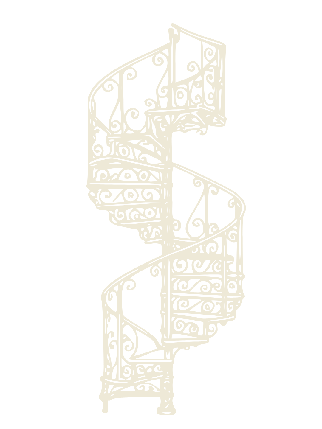 An ornate, decorative spiral staircase made of metal with intricate scrollwork design, viewed against a black background.