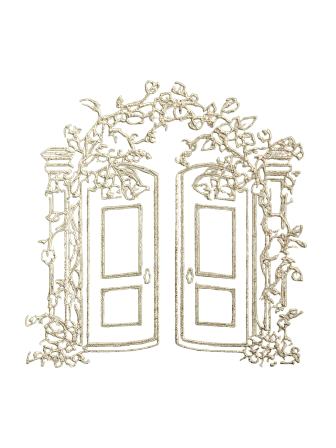 Decorative metal window with intricate floral and vine design, painted in a light color.