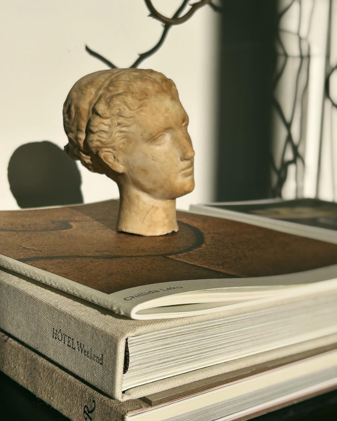 A small sculpture of a woman’s head, resting on a stack of books, with sunlight casting a shadow on the wall behind.