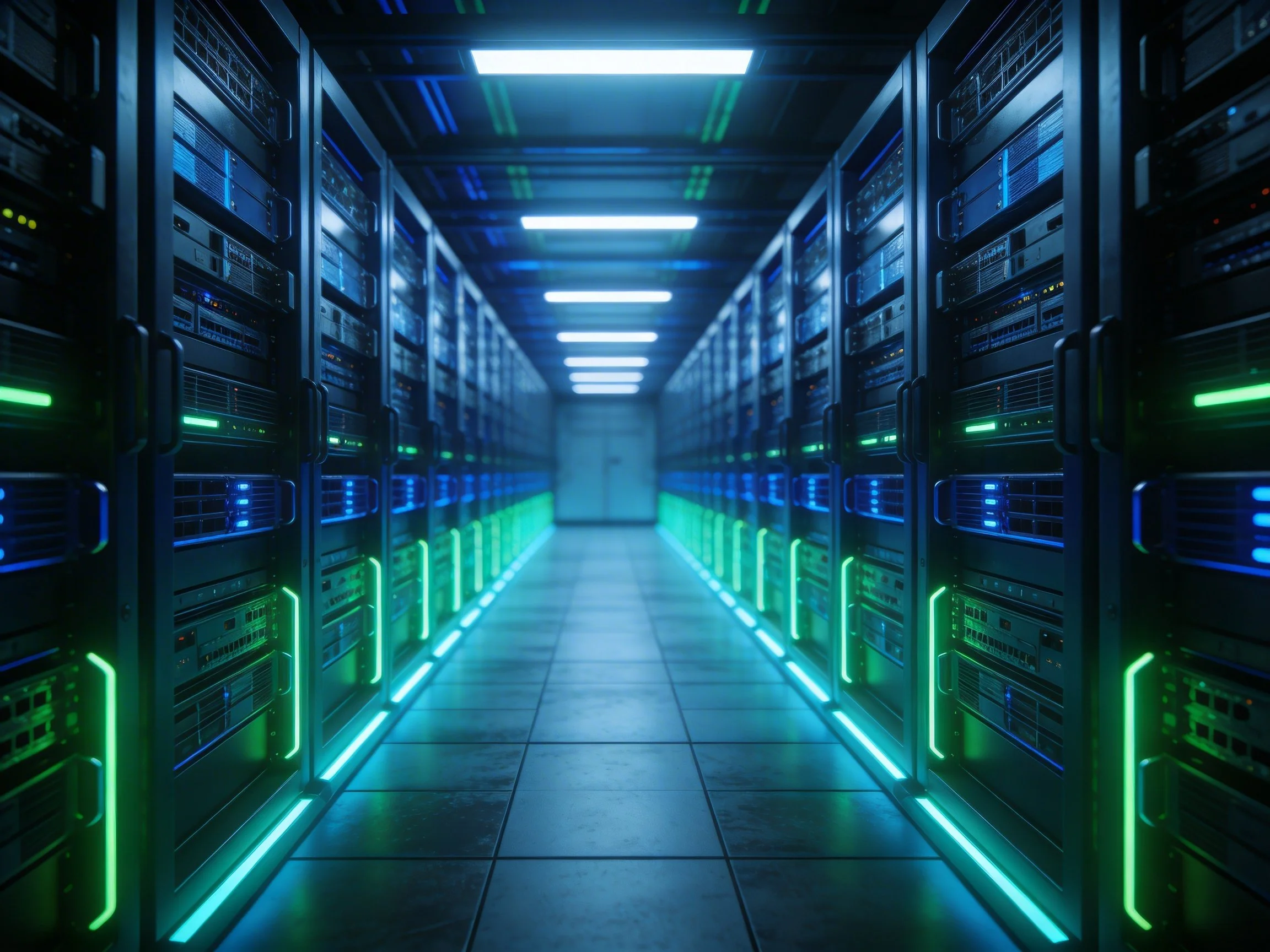 Data center server room with rows of servers illuminated by blue and green LED lights, tunnel-like perspective