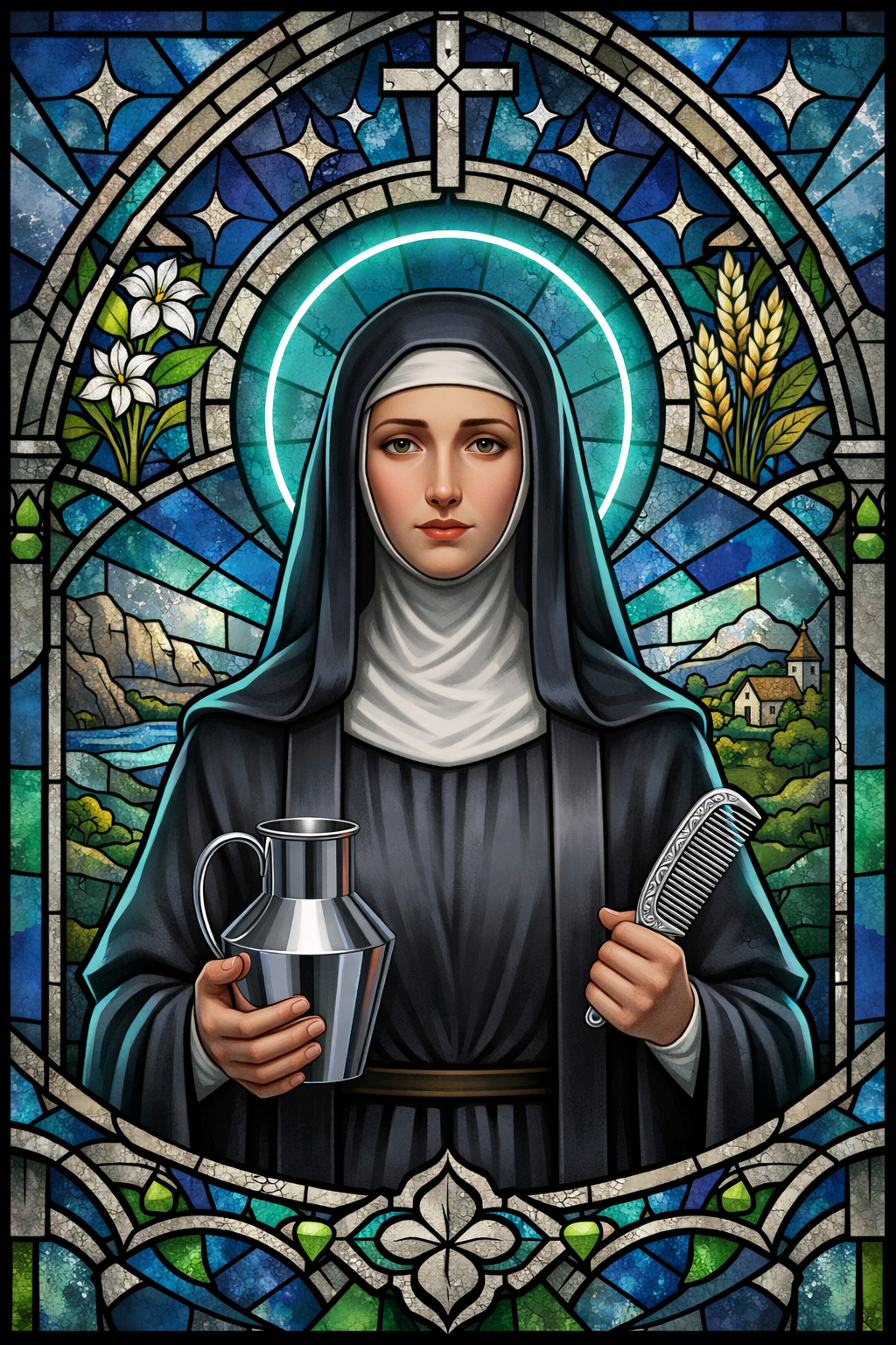 A stained glass depiction of a woman in a nun's habit holding a metal pitcher in one hand and a hairbrush in the other, set against a scenic background with mountains, a river, and small houses, with floral and star motifs.