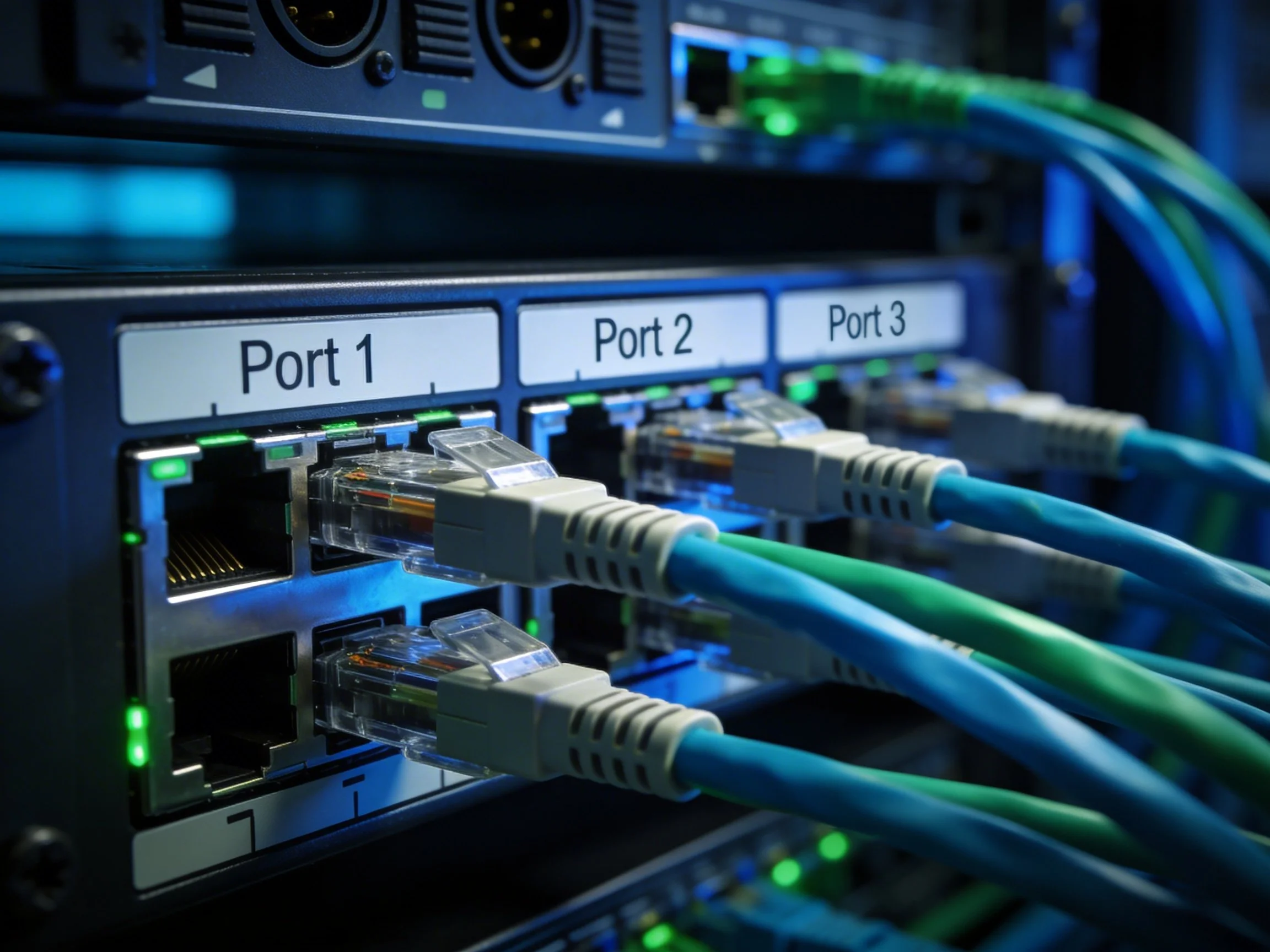 Close-up of a network switch with three ports labeled Port 1, Port 2, and Port 3, each connected to Ethernet cables.