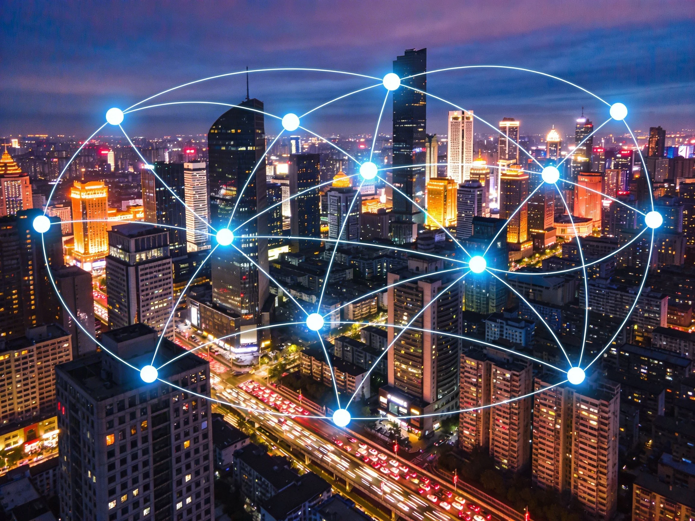 A city skyline at night with illuminated buildings and streets, overlaid with a digital network of glowing blue spheres and connecting lines representing connectivity.