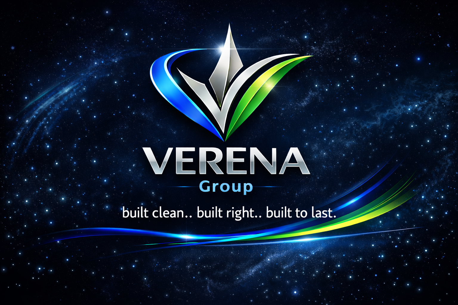 A logo for Verena Group featuring a stylized checkmark design with blue, silver, and green colors, set against a starry cosmic background with swirling light streaks. The text reads 'VERENA Group' and the tagline 'built clean.. built right.. built to last.'