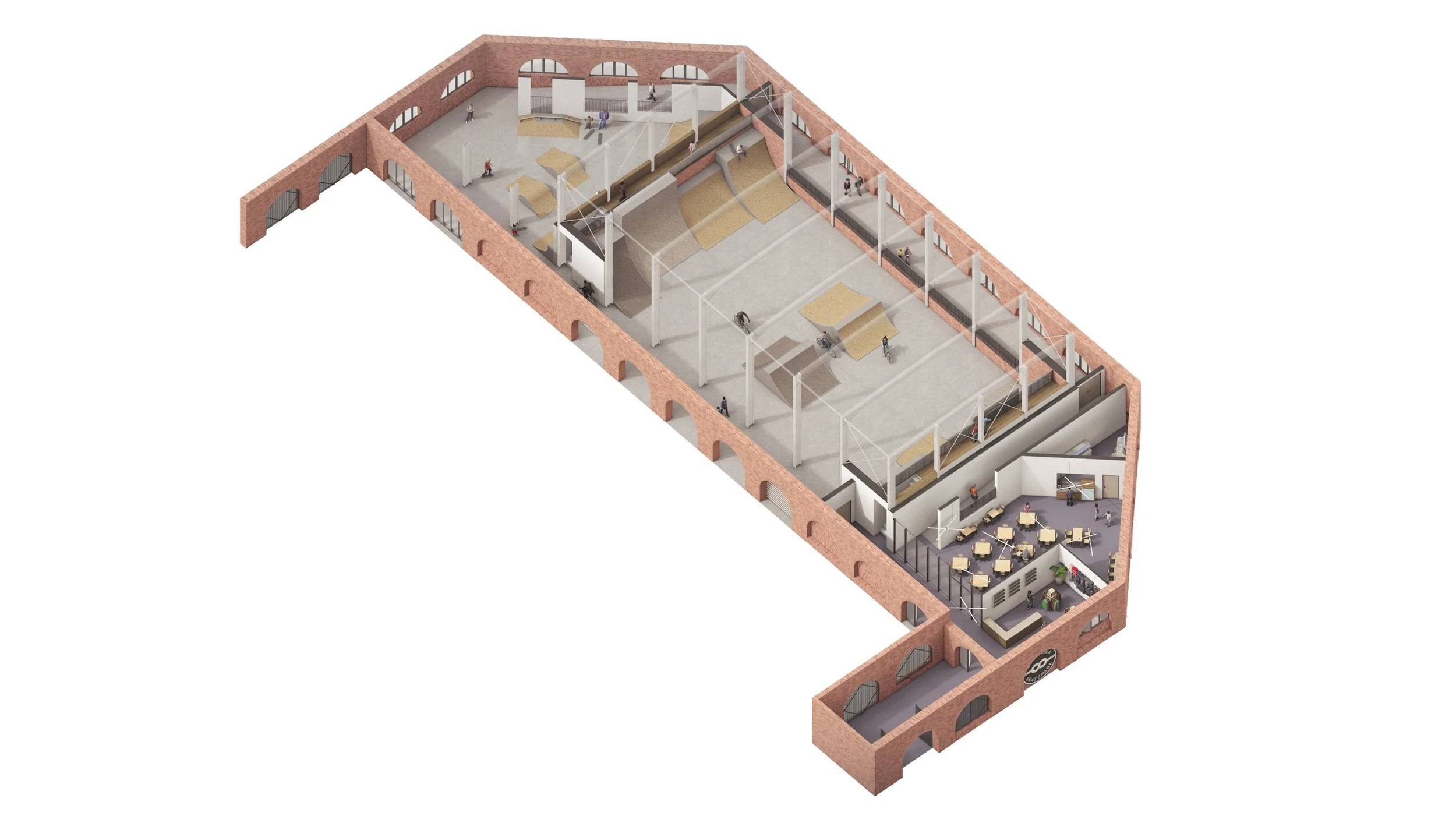 3D rendering of a skatepark inside a brick building with ramps, rails, and ledges, along with a seating area and windows.