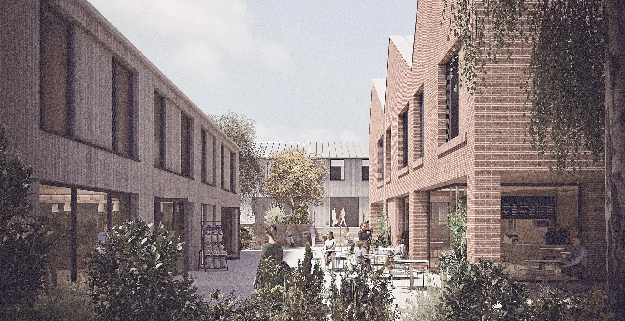 A digital rendering of a modern outdoor courtyard between two building complexes, with people sitting at tables and walking, surrounded by greenery and trees.