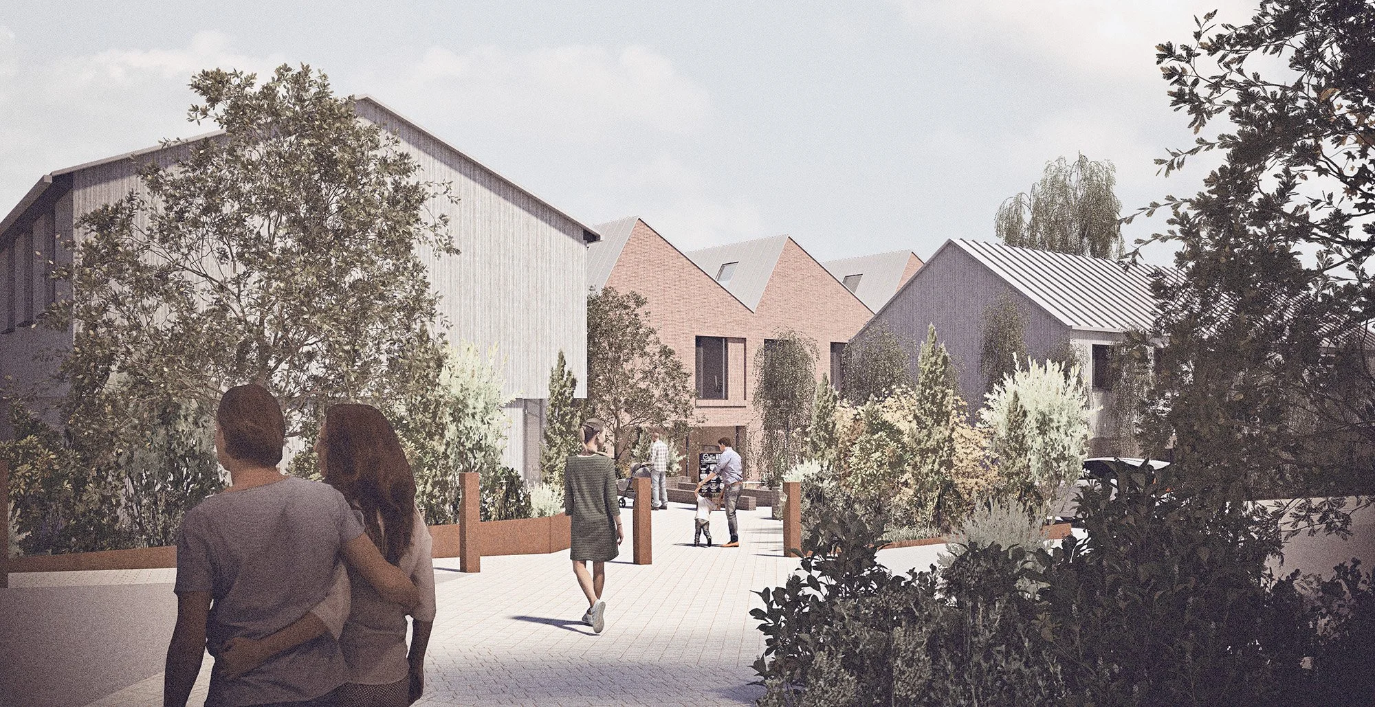 People walking and gathering in a modern residential neighborhood with trees and contemporary houses with gabled roofs.