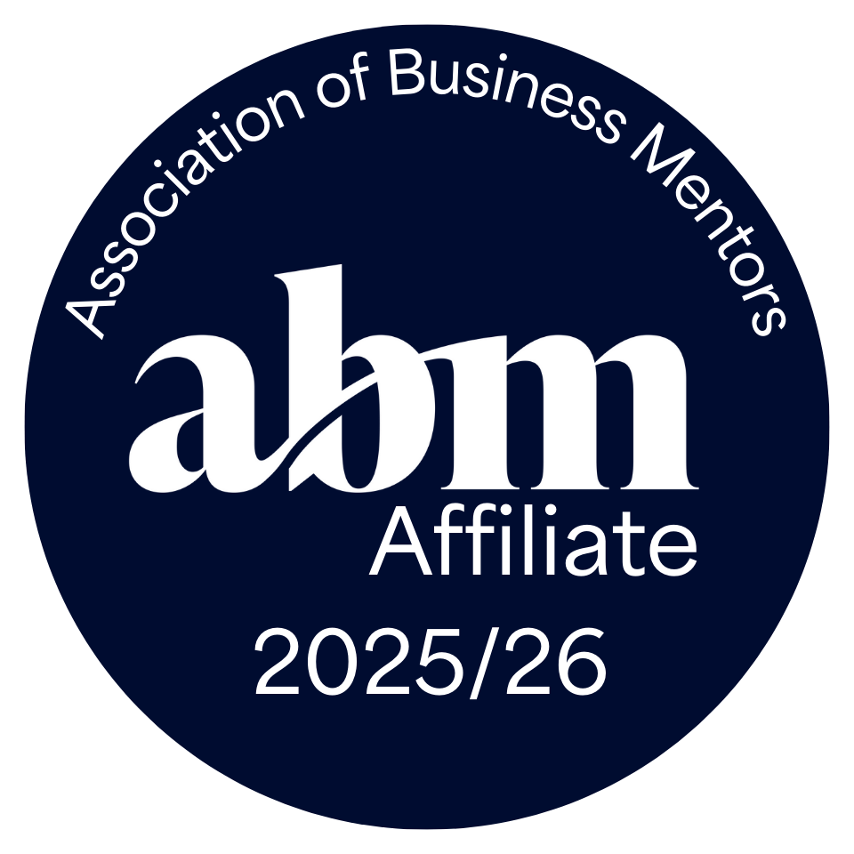 Circular logo for the Association of Business Mentors, featuring the text 'abm Affiliate 2025/26' in white on a dark blue background.