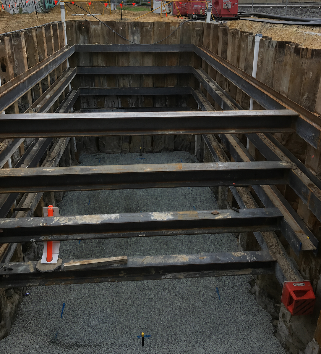Construction site with deep excavation supported by steel beams and wooden framing, prepared for pouring concrete foundation.