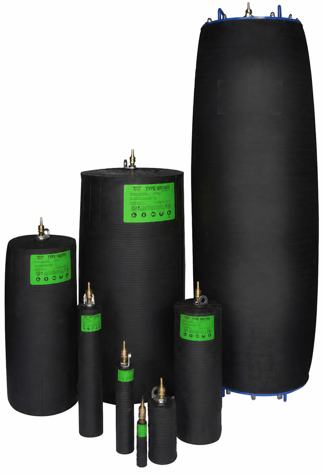 Collection of black inflatable air bladders of various sizes with green labels, used for industrial or construction purposes, standing upright on a white background.