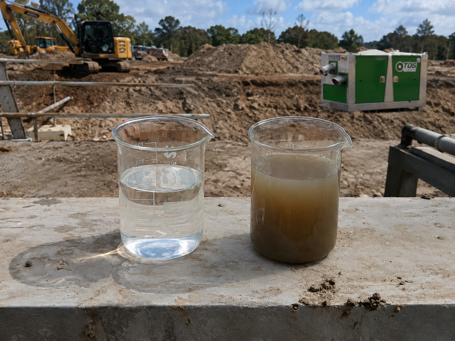 Two beakers on a wooden surface, one filled with clear water and the other with muddy water, at a construction site with excavator and dirt mounds in the background.