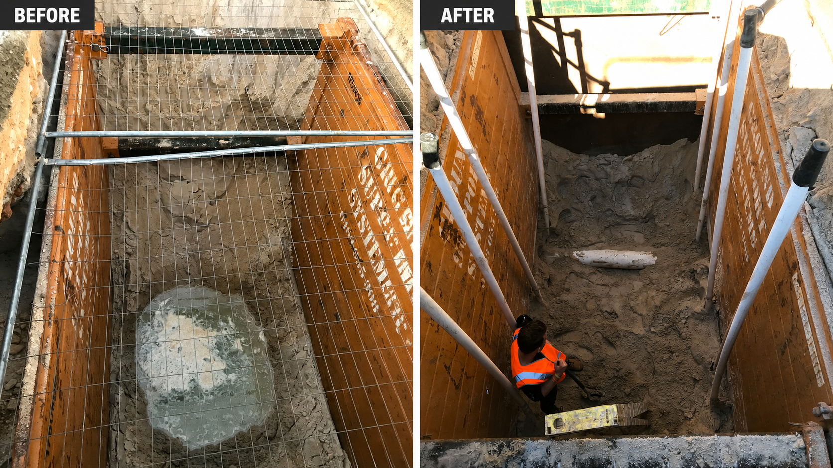 Comparison of a construction site before and after excavation. The 'before' photo shows a trench with a stone and metal rebar grid, while the 'after' photo shows the same trench dug deeper with a worker standing inside, surrounded by dirt and construction barriers.