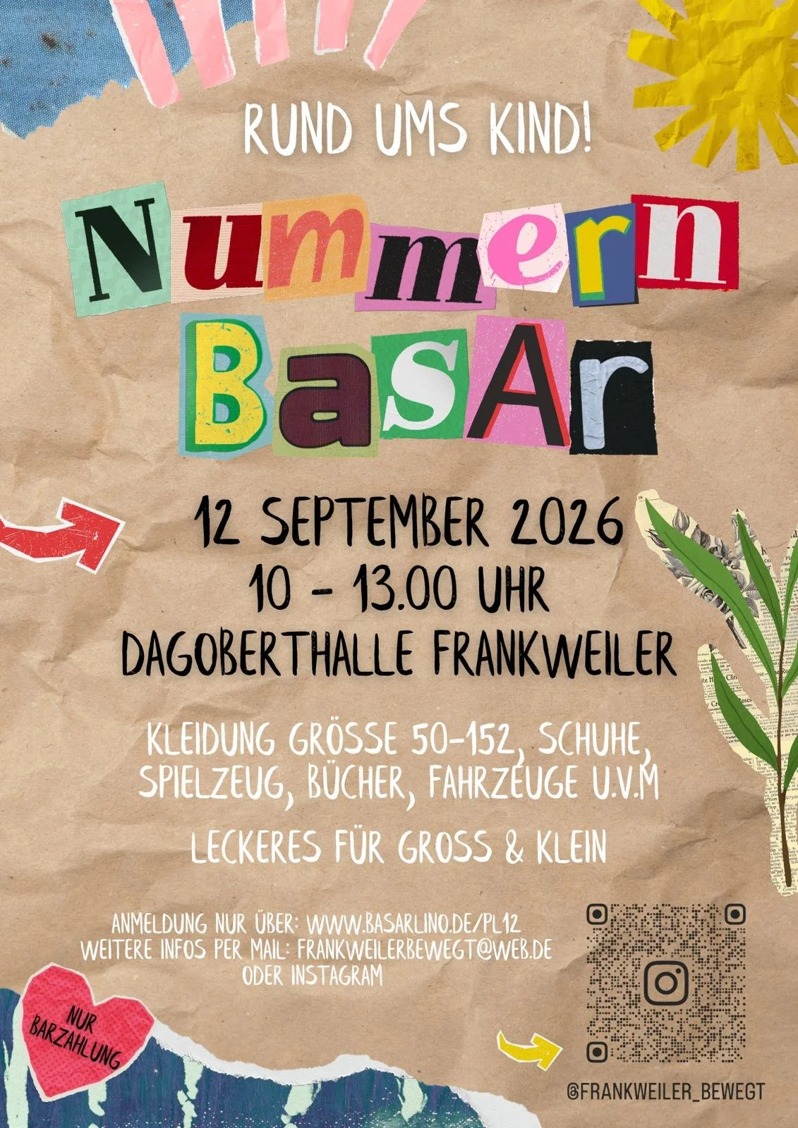 Buntes Plakat das für den Flohmarkt am 12.09.26 um 10 Uhr in der Dagoberthalle wirbt.