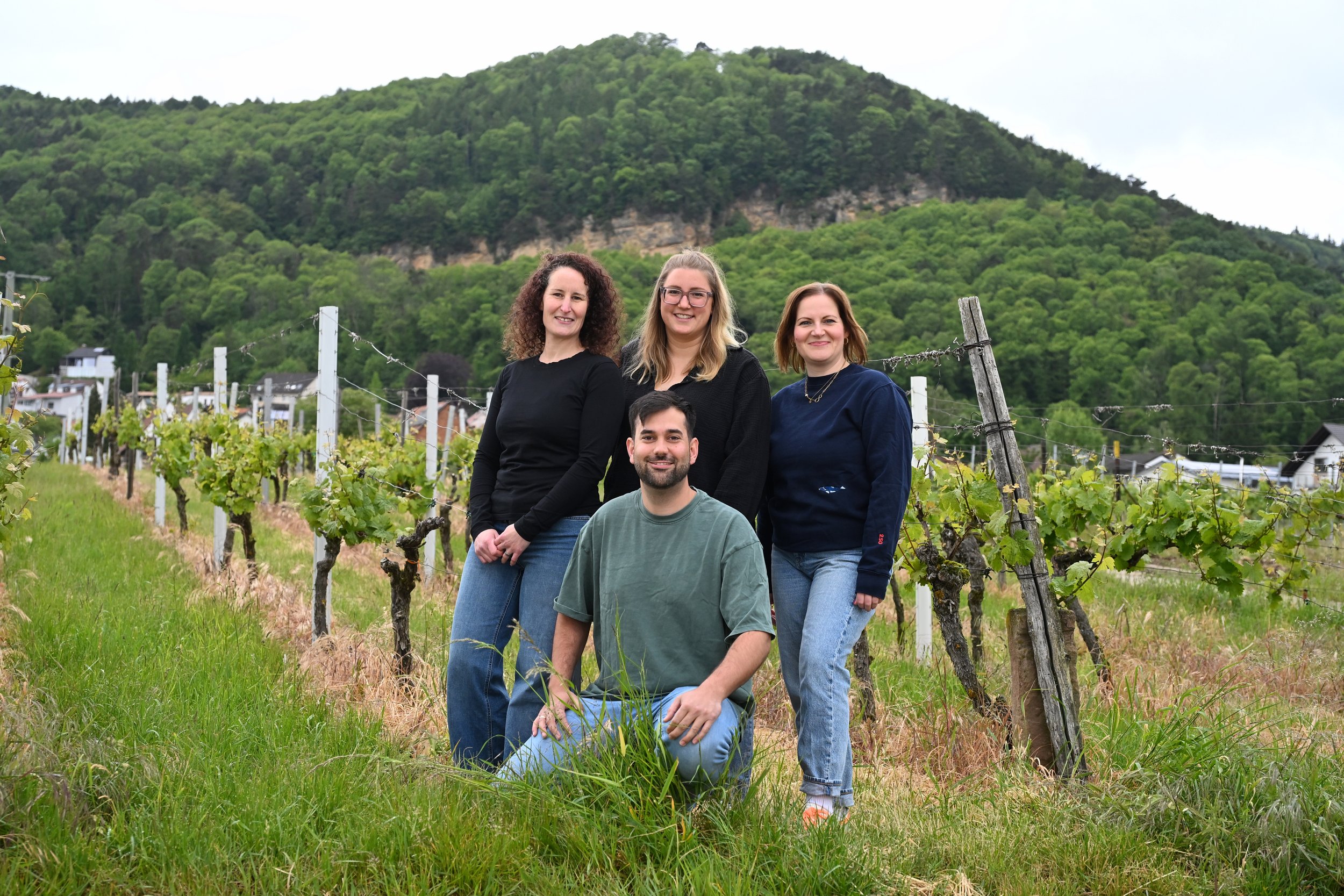 Vier Menschen stehen in einem Weinberg mit dem Steinbruch von Frankweiler im Hintergrund.