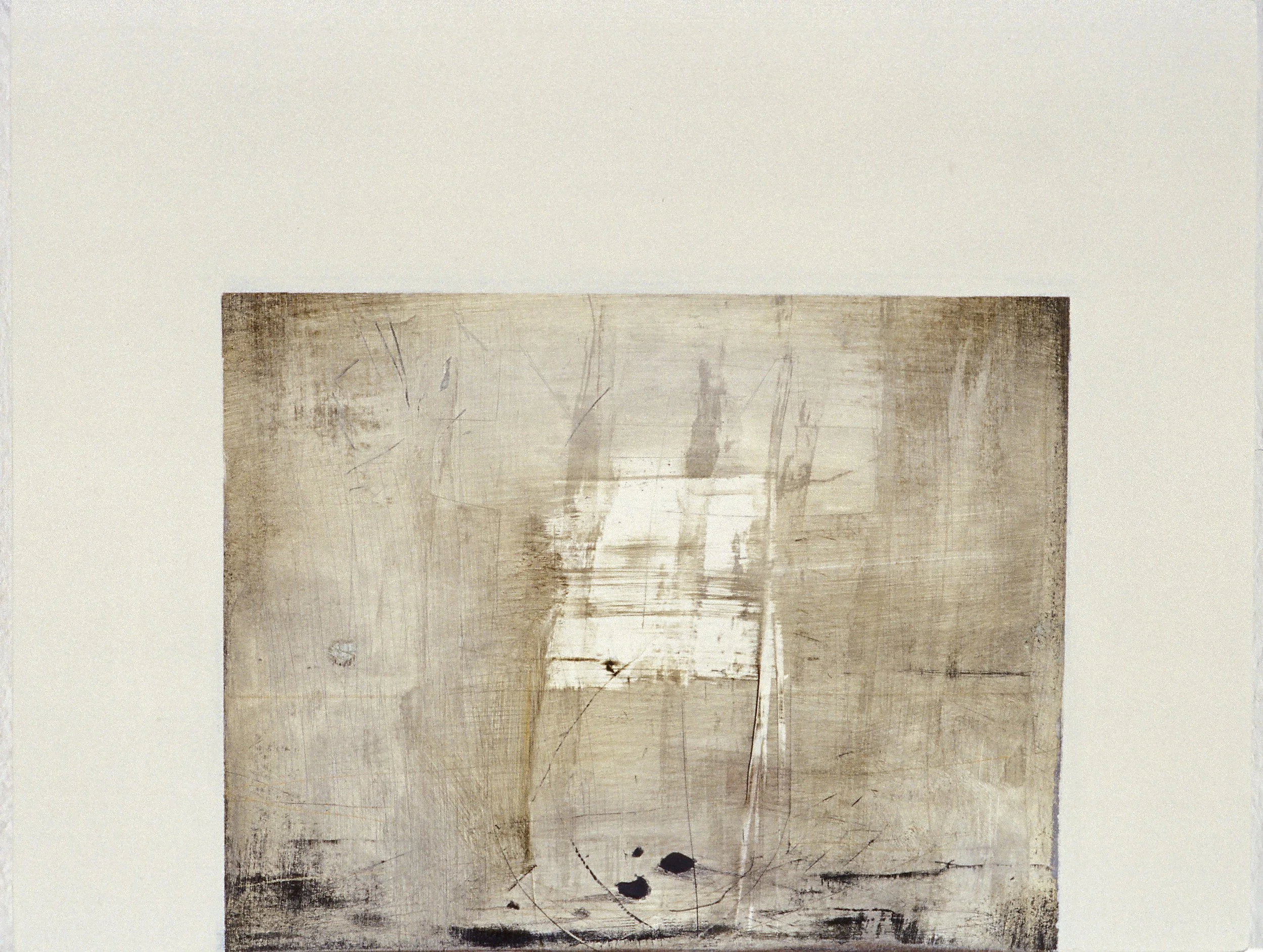 Abstract art piece with a distressed wooden background in shades of beige, white, and black, featuring scratches, lines, and spots.